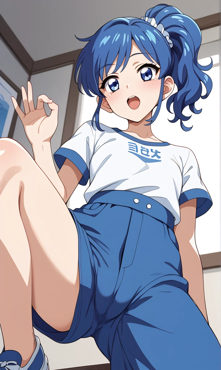 score_9, score_8_up, score_7_up, score_6_up, source_anime, 1boy, standing, kill la kill,  satsuki kiryuin, indoors, short hair, ((shota)), huge thighs, shorts, grin, sitting, genderbend, solo, ftm, genderswap, femboy, ikuchan, navel 