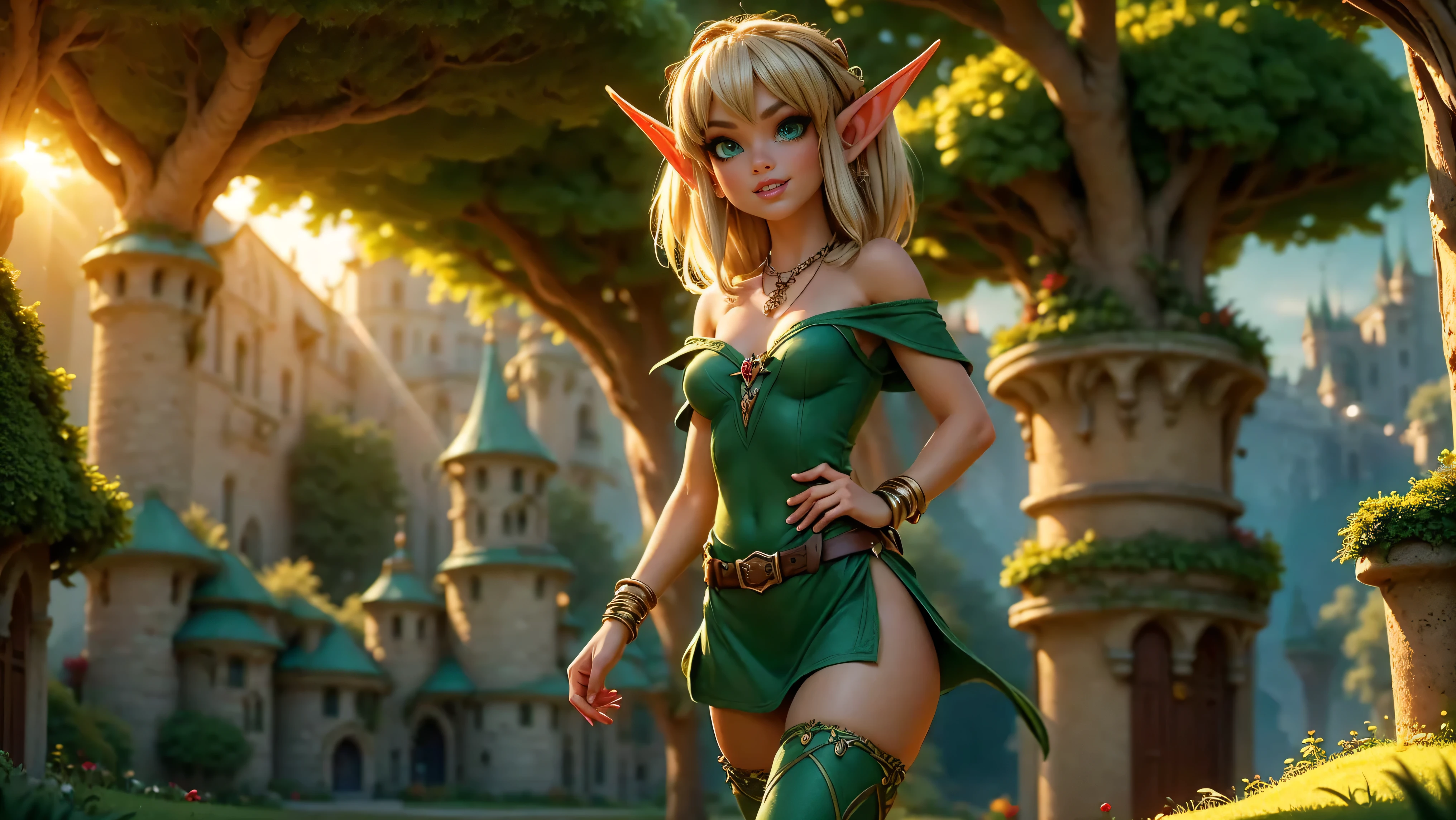 ((1girl)), ((solo)), ((young woodland warrior elf girl)), ((walking through an elf village)), ((male elves turning to look at her)), ((elf girl focus)), ((long dark hair)), ((small pointy ears)), ((round breasts)), thigh-highs, formfitting eleven clothes, tight clothes, ((looking at viewer)), ((green eyes)), ((beautiful day)), ((smiling)), Perfect body, beautiful, young, tempting, alluring, jewelry, necklace, off shoulder, ((skinny)), ((petite)), ((small)), flirting with camera, Best Looks, ((fantasy castle in the background)), beams of sunlight, fantasy