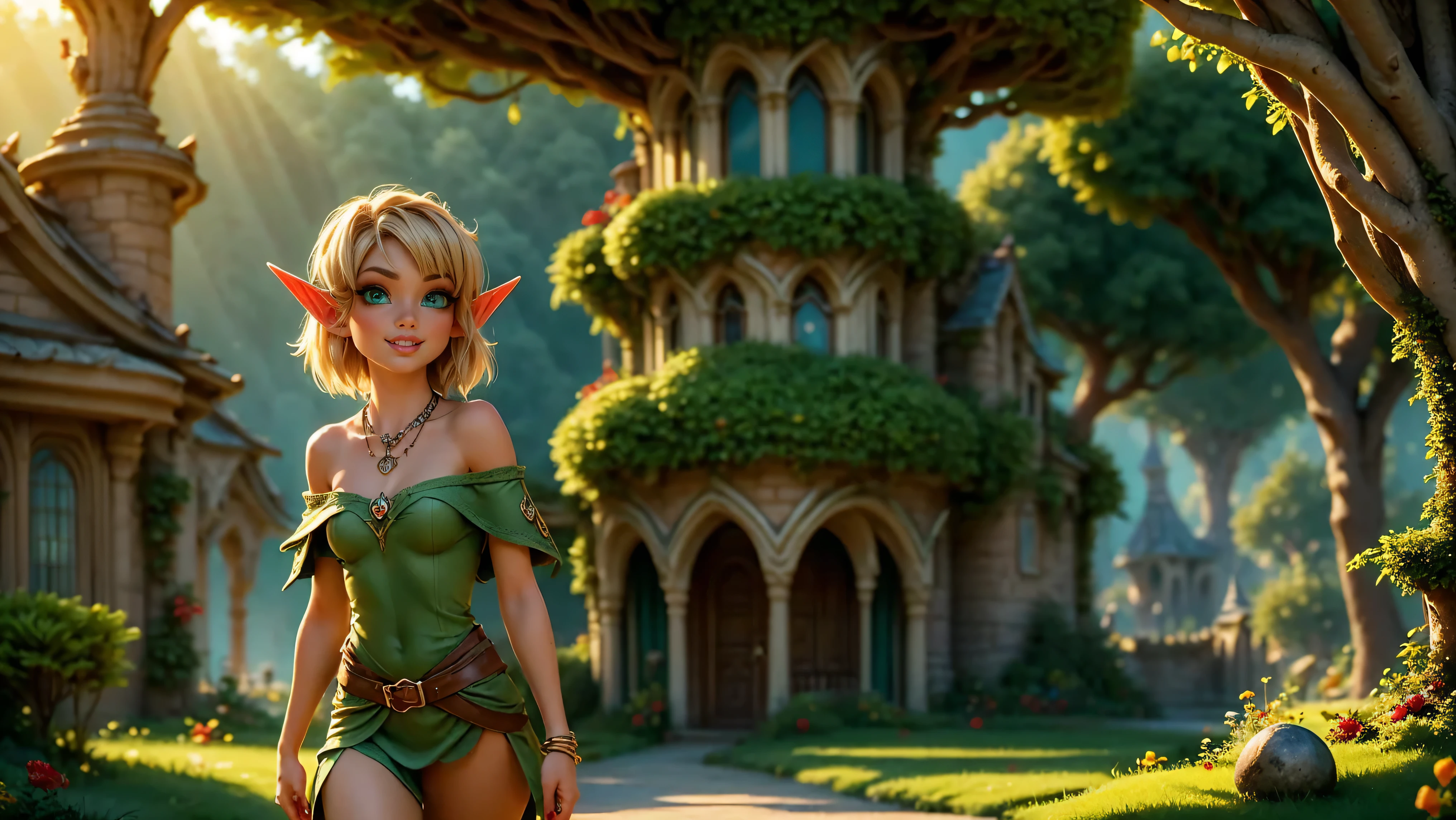 ((1girl)), ((solo)), ((young woodland warrior elf girl)), ((walking through an elf village)), ((male elves turning to look at her)), ((elf girl focus)), ((long dark hair)), ((small pointy ears)), ((round breasts)), thigh-highs, formfitting eleven clothes, tight clothes, ((looking at viewer)), ((green eyes)), ((beautiful day)), ((smiling)), Perfect body, beautiful, young, tempting, alluring, jewelry, necklace, off shoulder, ((skinny)), ((petite)), ((small)), flirting with camera, Best Looks, ((fantasy castle in the background)), beams of sunlight, fantasy