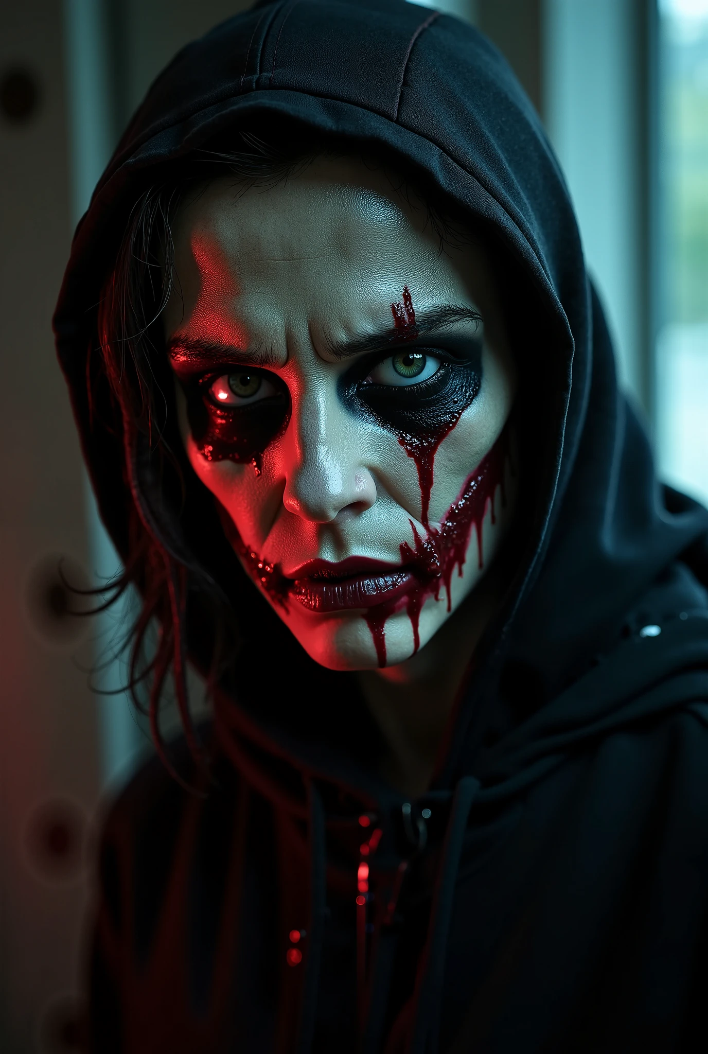 (best quality:1.2),artwork,scary woman with a mask,dark clothing,holding a bloodied knife,piercing gaze,horror theme,creepy atmosphere,ominous lighting,nighttime scene,macabre details,color palette:dark and gloomy,Showing your breasts,without 