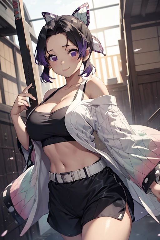 1girl, yuzuriha_(jigokuraku), purple hair, brown eyes, hair ribbon, large breasts, bikini, looking at viewer, solo, cowboy shot, wariza, (spread legs:1.2), simple background, nose blush, bare arms, <lora:Kizuki - Jigokuraku - Yuzuriha:0.8>