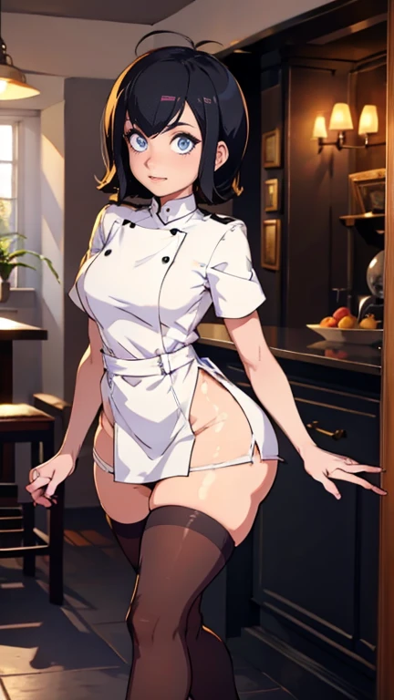 score_9, score_8_up, score_7_up, score_6_up, score_5_up, score_4_up, (source_anime), 1girl, (( white woman, short black hair, small breasts, puffy nipples, big Thighs, big ass, mature woman, dark nipples, brown nipple)), Distant vision, Low Illumination, Kitchen, Maid outfit, black skirt, breast milk, Drinking milk in the Feeding bottle