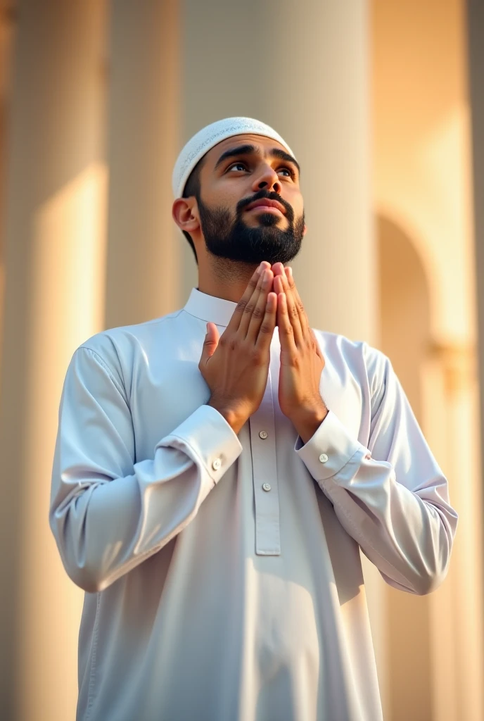 Muslim man raising his hands towards the sky and praying to his Lord