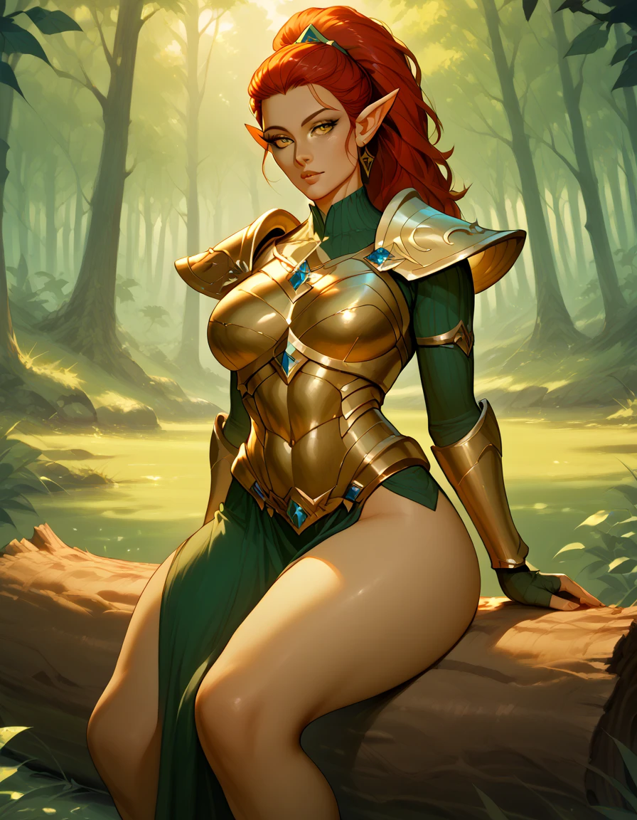 a (nude) semi-realistic digital painting of WOWAlexstrasza, crown, black horns, world of warcraft \ ( style\ ), standing, confidently arms on hips, smile, Armored bikini, arms at sides, simple background of a forest, <lora:WOWAlexstrasza:0.6>