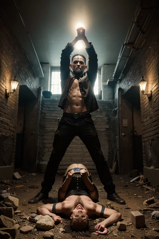 3 men, multiple guys, blonde, bald, ginger, handsome muscular shirtless men wearing cop hats laughing, hands above head and feet in stocks, blindfolded, crying, , armpits tickled by hands, feet tickled by brushes, ribs tickled by hands, prison cell_interior_perspective background
