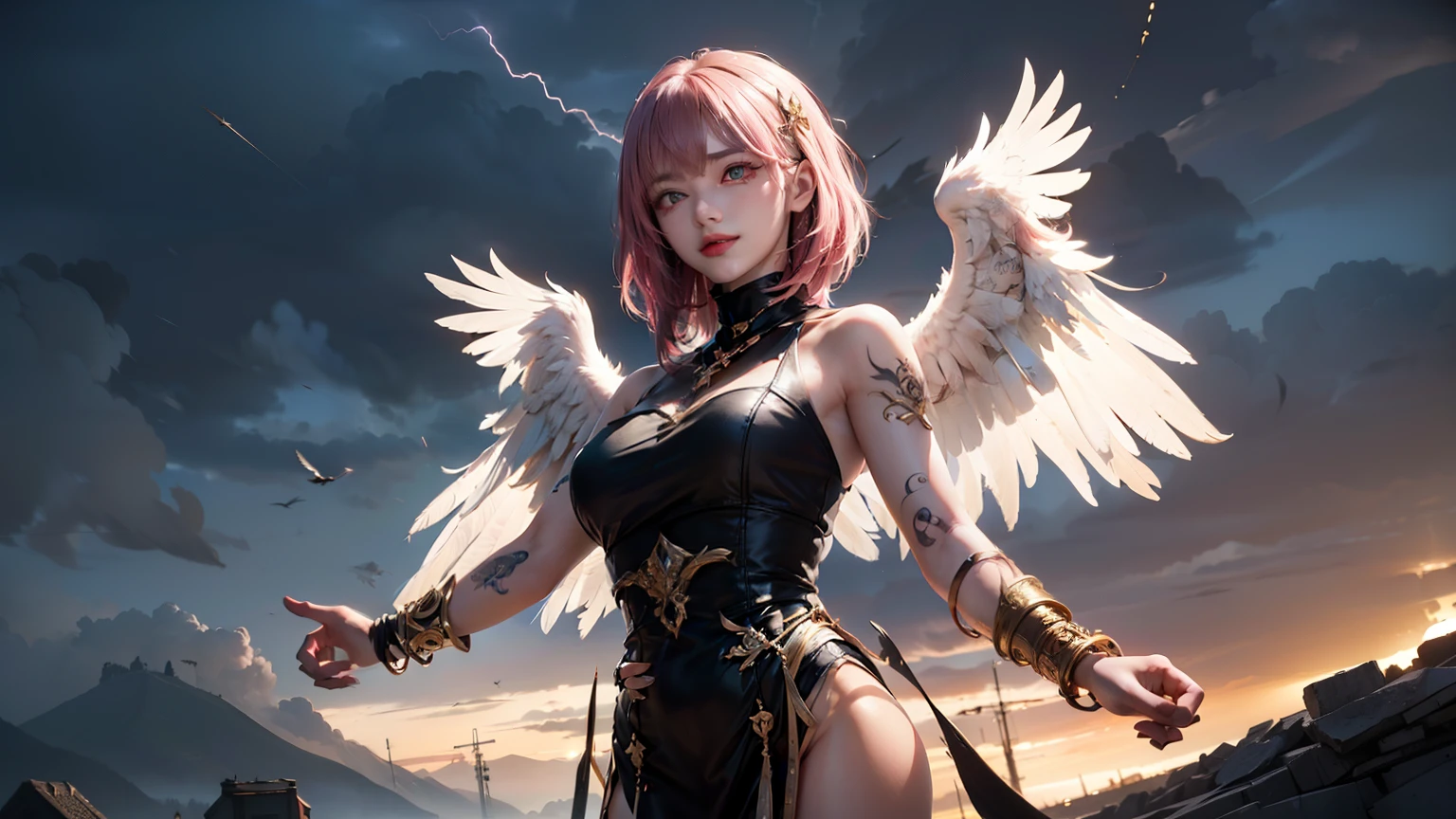 (((A Harpy girl with feathers on her body))), red eyes, small mouth, thick pink lips, feathers in her ears, long sideburns, small breasts, thick legs, big ass, best representation, realistic reflections, full body, {extremely detailed 16k CG unit wallpaper}, expansive landscape photography, (a centered view focusing on the character and setting), (wide open field view), (low angle shot), (high light: 1.2), (low light: 1.8), (warm light source: 1.5), complex details, (iridescent colors: 1.2), (bright lighting), (atmospheric lighting), Dreamy, unique, delicate