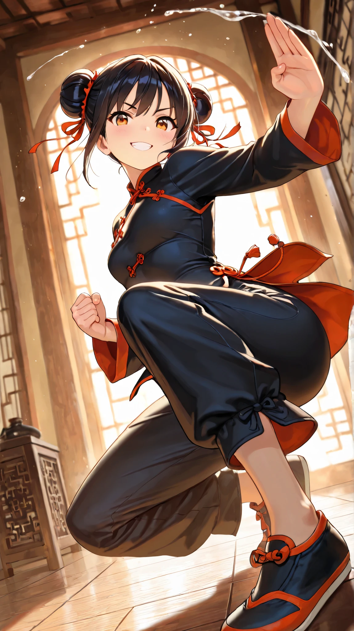 masterpiece, best quality, high score, great score, absurdres, 1girl, solo, safe, martial arts, chinese clothes, kung fu shoes, perfect anatomy, grin, looking at viewer, highly detailed, cinematic lighting, dramatic angle, intricate details, vibrant colors, elegant composition, dramatic atmosphere, action pose, focused expression, dynamic movement, fluid motion, striking silhouette