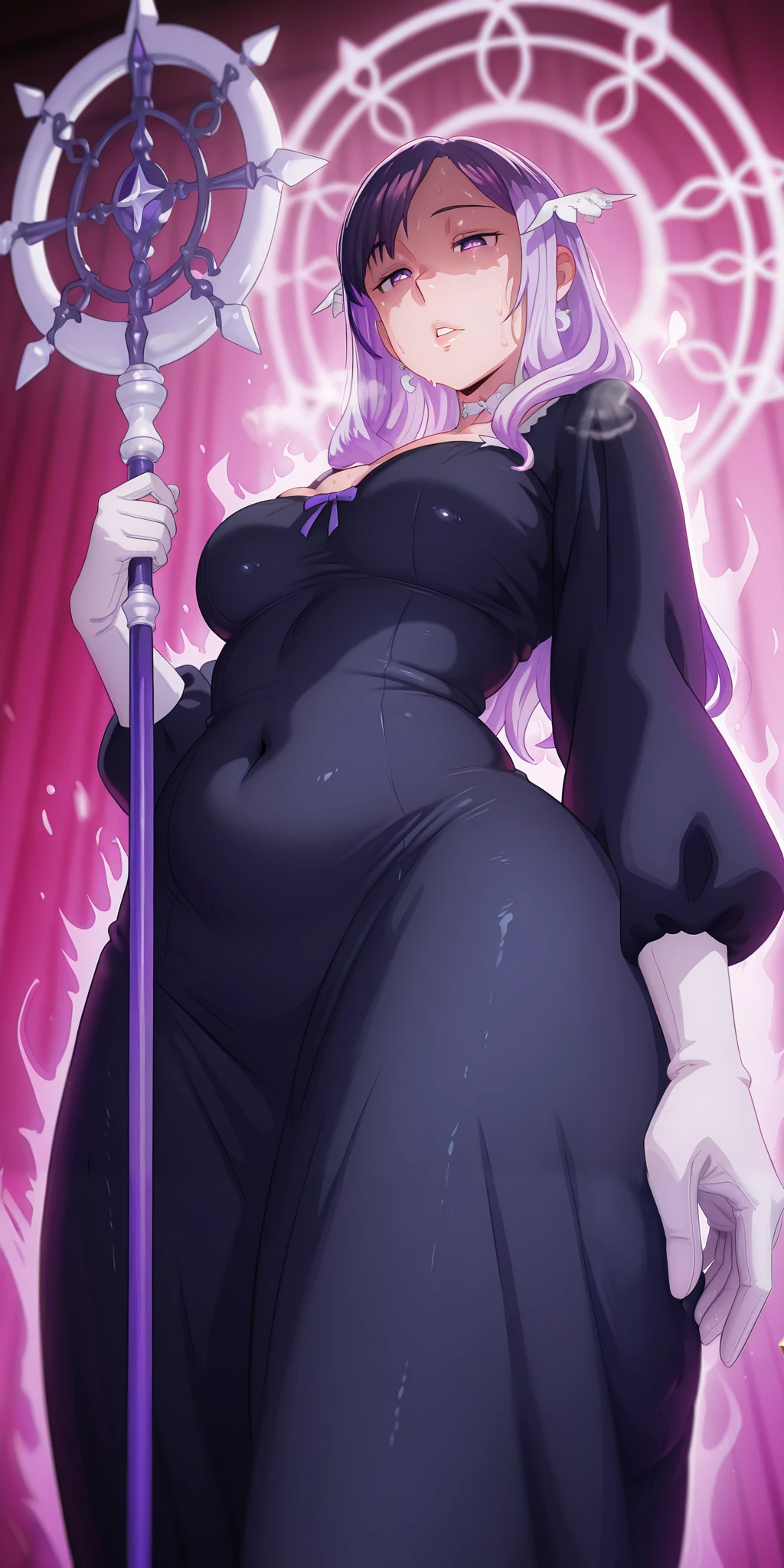 greatm8, perfect eyes, perfect fingers, gasping, heavy breathing, excessive sweating, sweating, sweating profusely, gasping profusely, cinematic, ((skindentation)), ((curvy)), quinella, 1girl, long hair, purple hair, purple eyes, medium breasts, white halo, choker, bright pupils, plump, BREAK anime-style, anime coloring, cgi, Hand drawn, cinematic, Sharp focus, humorous illustration, big depth of field, Masterpiece, concept art, trending on artstation, Vivid colors, Simplified style, trending on ArtStation, trending on CGSociety, Intricate, Vibrant colors, Soft Shading, Simplistic Features, Sharp Angles, Playful, excessive sweating, sweating profusely, sweating drop BREAK, 1girl, solo, gloves, breasts, earrings, jewelry, white_gloves, black_hair, staff, looking_at_viewer, parted_lips, holding, dress, from_below, holding_staff, long_sleeves, puffy_sleeves, covered_navel, black_dress, ((dusty)), ((aura)), Cinematic, looking down, shaded face