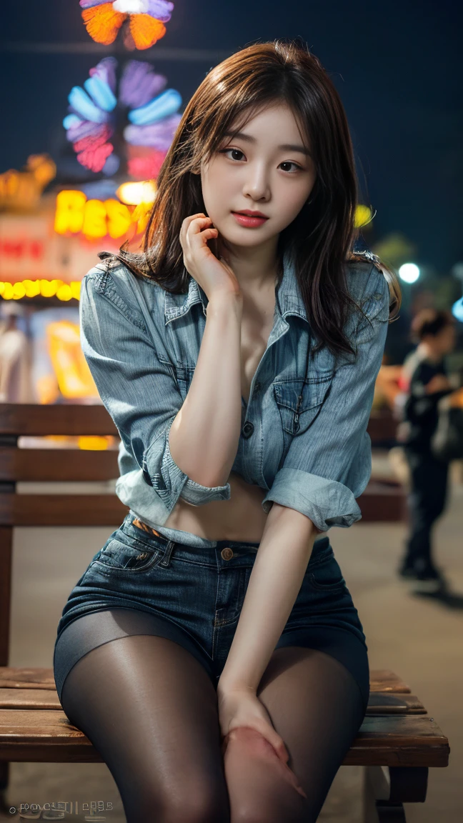 (top-quality), Realistic, (real picture, Intricate details), (Natural Skin Texture, Detailed skin, Hyper-Realism, sharpness), (Japanese college girl standing in a red light district at late night), ((put both hands behind head:1.3)), ((tight white crop top, distressed baggy denim pants, low rise pants)), (((Small chest:1.4))), (disheveled long hair, one-length hairstyle), fair white skin, Navel exposed, Armpit  exposed, (Neat face, Parted lips, Head tilt), obscene neon sign, Dirty road, Scattered garbage, Night time, Hard lighting:1.3, Full body shot