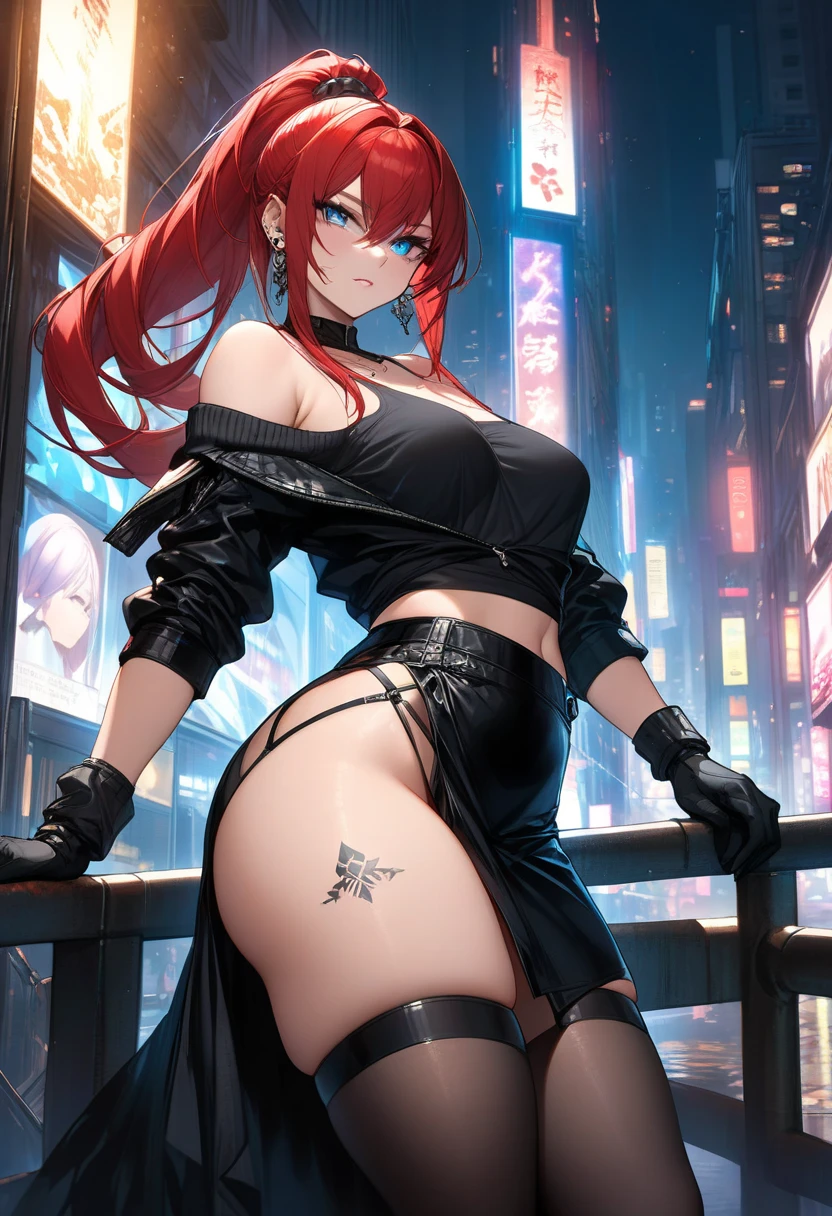 anime, intricate details, amazing quality, complex background, amazing shadows, sharp shadows, big breasts, short hair, messy hair, (red hair), red eyes, [muscle woman], wide buttocks, thick thighs, (crop top, crop top drape, black jeans, t-shirt,) collar, (cover, solo, cleavage, looking at the audience, (outdoor, night, city, neon,), (nsfw:1.4)