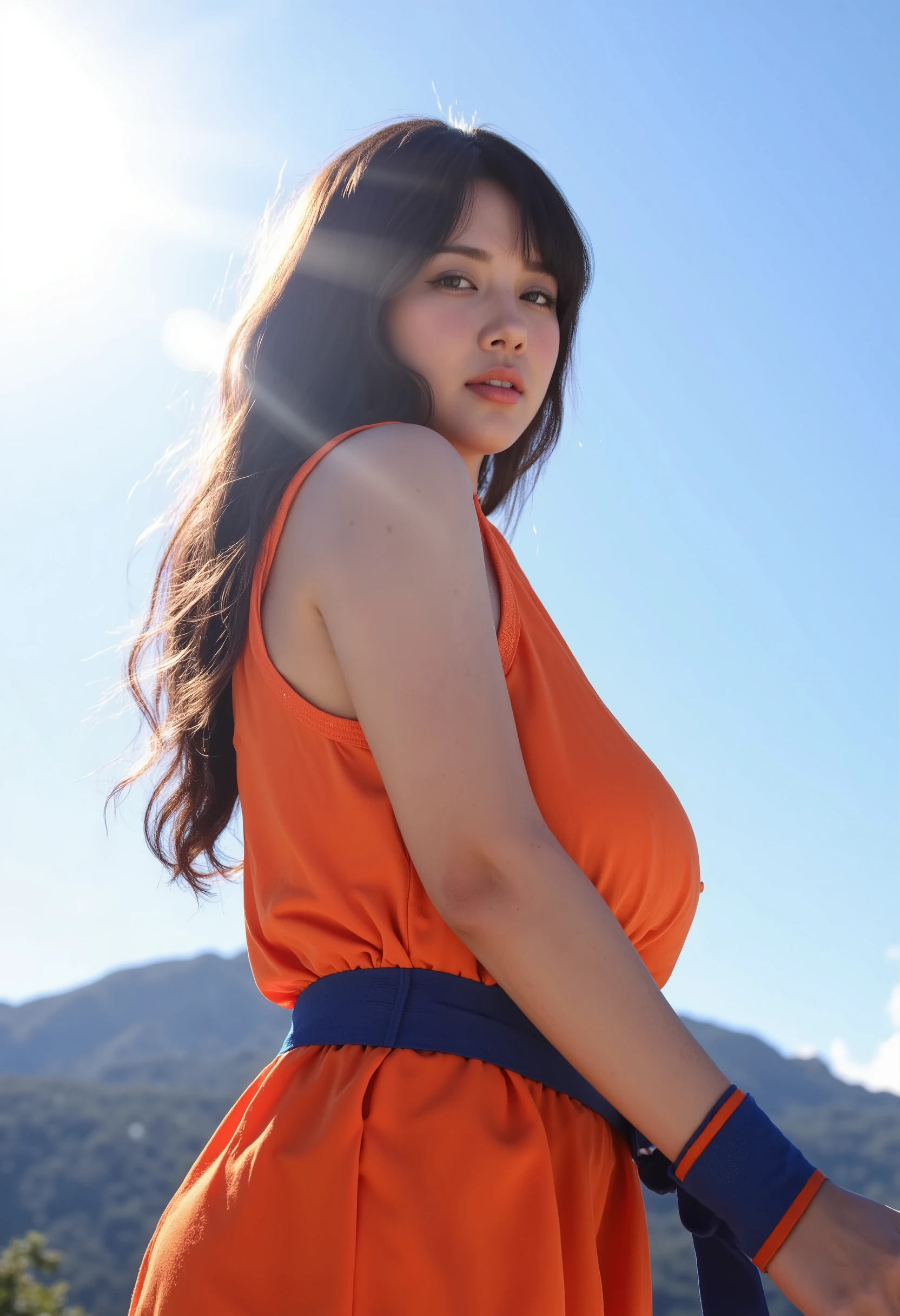 ((masterpiece, highest quality, portrait of a female character inspired on Goku Super sayian, Japanese, (((wearing just thong and top))), fullbody of a cute woman on her 20's,, medium  and ass, (((perfect eyes))), (backlighting), realistic, masterpiece, highest quality, lens flare, shade, bloom, [[chromatic aberration]], sensual pose Highest image quality, High resolution, photorealistic, Raw photo, 8K)), ((Extremely detailed CG unified 8k wallpaper)), (huge stunning goddess shot, very hot and sexy, areolae slip, huge areolaes, gigantic Sagging breasts, breasts apart:1.5, chest open, jaw-dropping beauty, (((perfect proportions))), beautiful body, slim body beauty), woman on her 25´s,, ((with the iconic orange and blue outfit)), sleeveless orange karate Gi, blue waist cloth, blue wrist band, onn a windy mountain, blue sky and sun light from back
