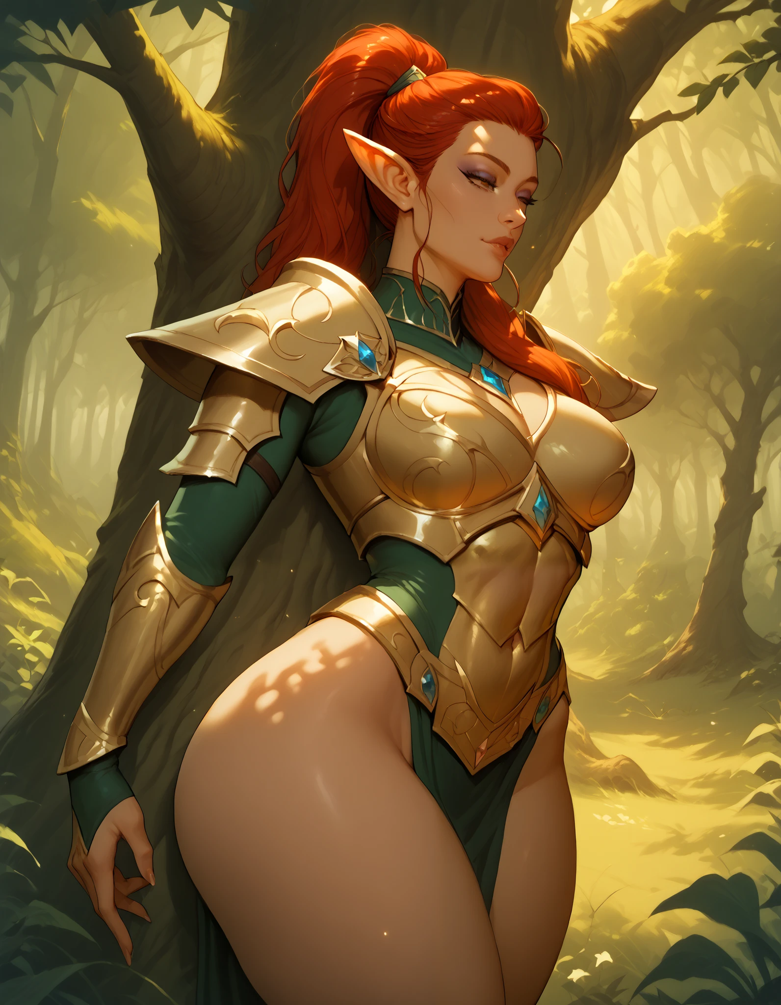 Eldar female, eldar armor,  beautiful appearance,  slim , slightly thick thighs, leaned against a tree, golden forest , evening, thought about it, sharp ears, face close-up, 