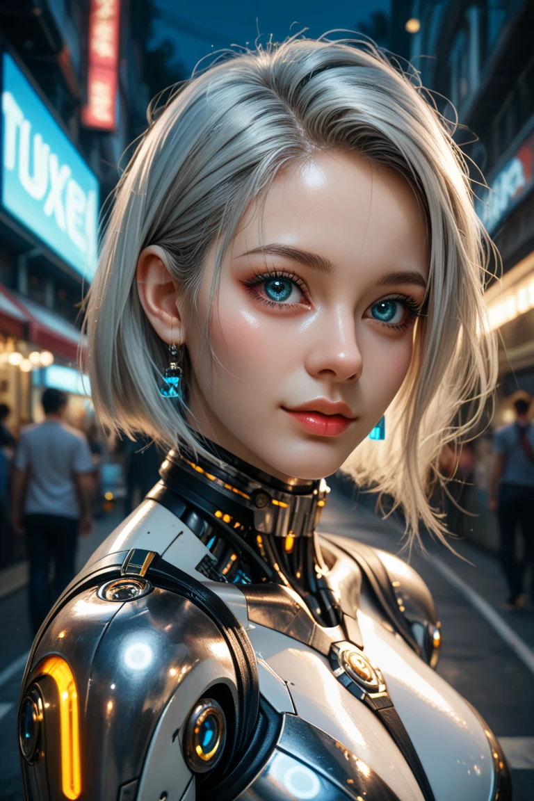 A beautiful woman in a cybernetic costume,retrofuturista,tetas grandes,Postura de yoga ,cana,Neon lights,The Future of Robotic Costumes,cabello blanco,cabello blanco, Mascara de robot quantica,mascara de megaman ,cara de robot cables y tornillos,white hair