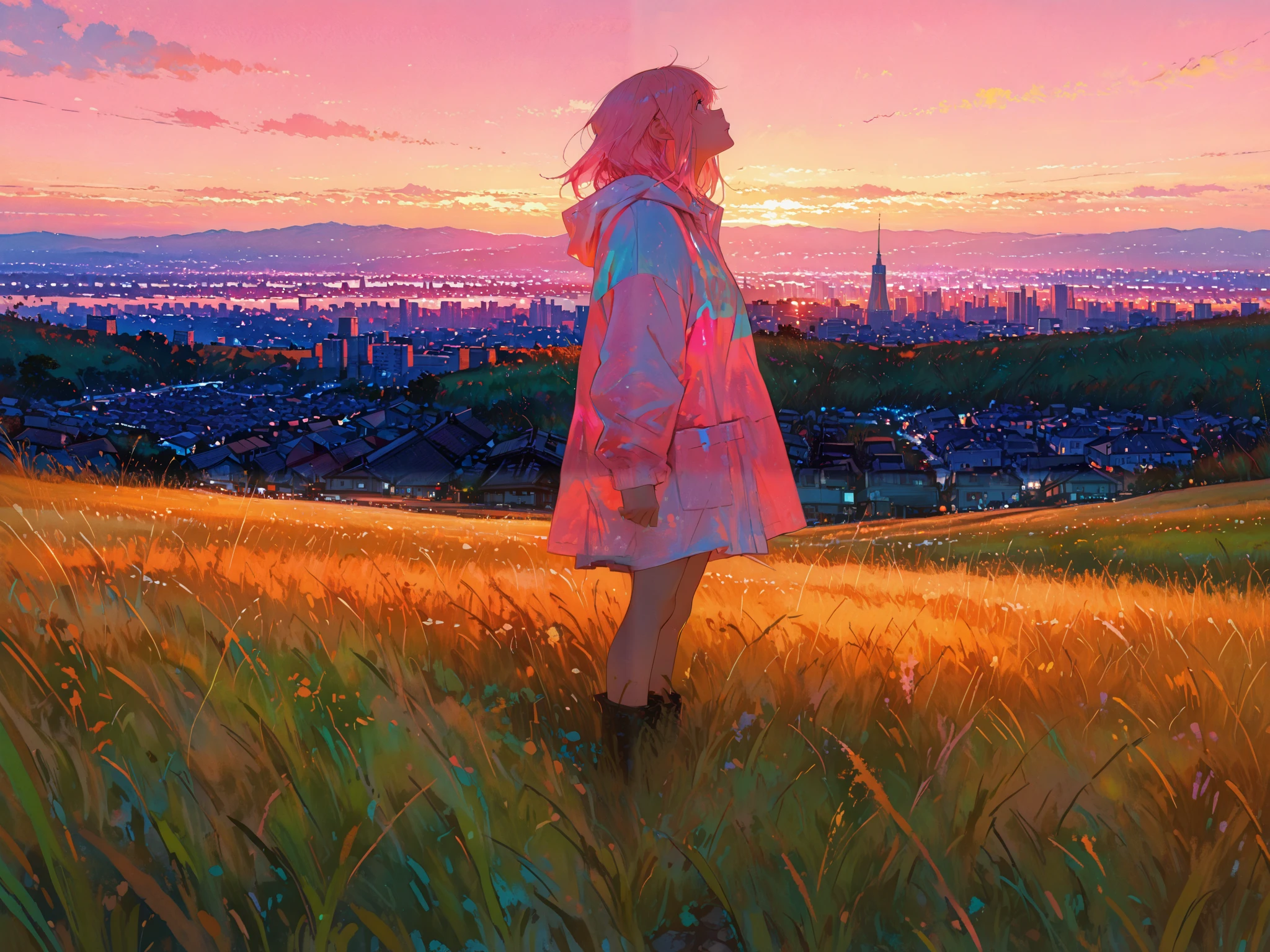 HDR, 8K, high contrast, masterpiece, best quality, amazing quality, very aesthetic, traditional paint artstyle, realistic, newest, aniwall, anime, aesthetic, 8k wallpaper, detailed. 748cm style
BREAK
golden hour, a girl looking up, standing in a grass field, city in background, centered, oil painting, with visible brushstrokes, composition is dynamic, strong visual focus, pastel-like colors, slightly golden-tone lighting, atmospheric, outdoors.