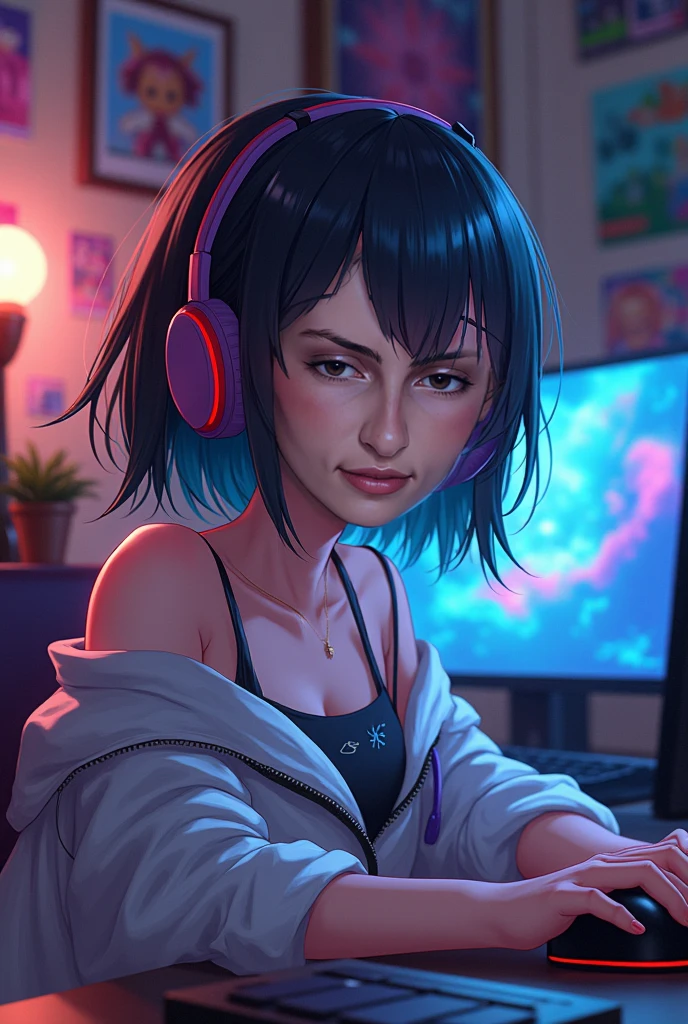 Anime style woman with large breasts, short hair, sensual, gamer, streamer, little brunette, beautiful, mexican, with some piercings that look kind of gangsta