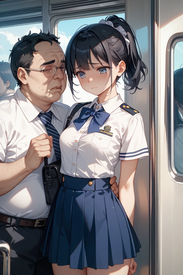 (SFW), ((photorealistic)), (masterpiece), (best quality:1.3), absurdness, [:intricate details1.3], SFW, realistic, masterpiece, (VERY crowded subway train interior detailed scenario, VERY crowded subway train interior detailed background), standing insanely hot (young small girl1) using sexy ((skirt)), ((behind skirt lifted)), ((3/4 white stockings)), ((big ass)), ((thick thighs)), (fear expression), (blushed face), (perfect body proportions)), old small man ass groping young small girl 1 from behind, (((old small man pressing his chest on young woman 1 back))) and (((holding her waist behind her)))