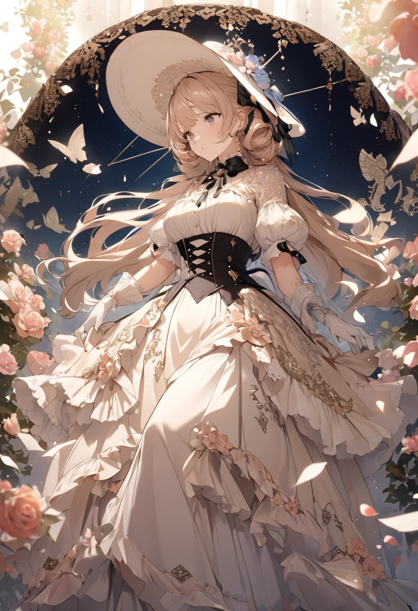 ((best quality)), ((masterpiece)), (detailed), 1girl, Character design, female, dynamic poses, long white grey hair, grey white eyes, very skinny, detailed, best quality, no accesoires around the neck, prominent collarbones, skinny arms, full body, blank white background, plain background, white background, ((red and white clothing)), Bloodborne inspired, occult aesthetic, occult, detailed and intricate steampunk and detailed gothic, Very dramatic and cinematic lighting, cosmic horror, grim-dark, side-lighting, perfect face, Fluttering lace flared long knee length dress with frilly petticoats, knee length dress, pleated petticoats, petticoats gothic, complex lace boots, side-lighting, gothic aesthetic, wielding a mighty sword with mechanical components, mandalas, small breasts, a fairy, various different types of insect wings,full body, whole body, white holy clothes,white holy clothes,