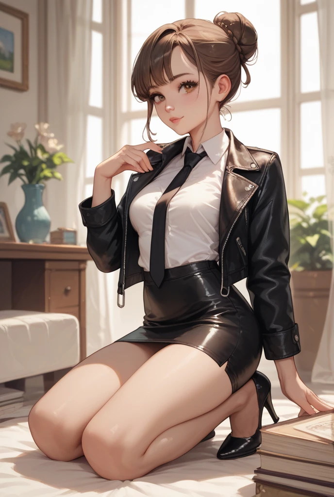 Perfect anime illustration, 1girll, Dark gray hair, Curly hair, matching hairstyle, browneyes, inquisitive,curiosity,Pleasure, ((matching outfits, Light brown transparent student uniform shirt,Dark brown detective style coat,Leather booties)), matching hairstyle, Fantasy style base,A dragon hovers behind the girl,cross-legged,(The pose of one leg folded on the other),lady,Dark blue tights, A high resolution, full bodyesbian, Pose