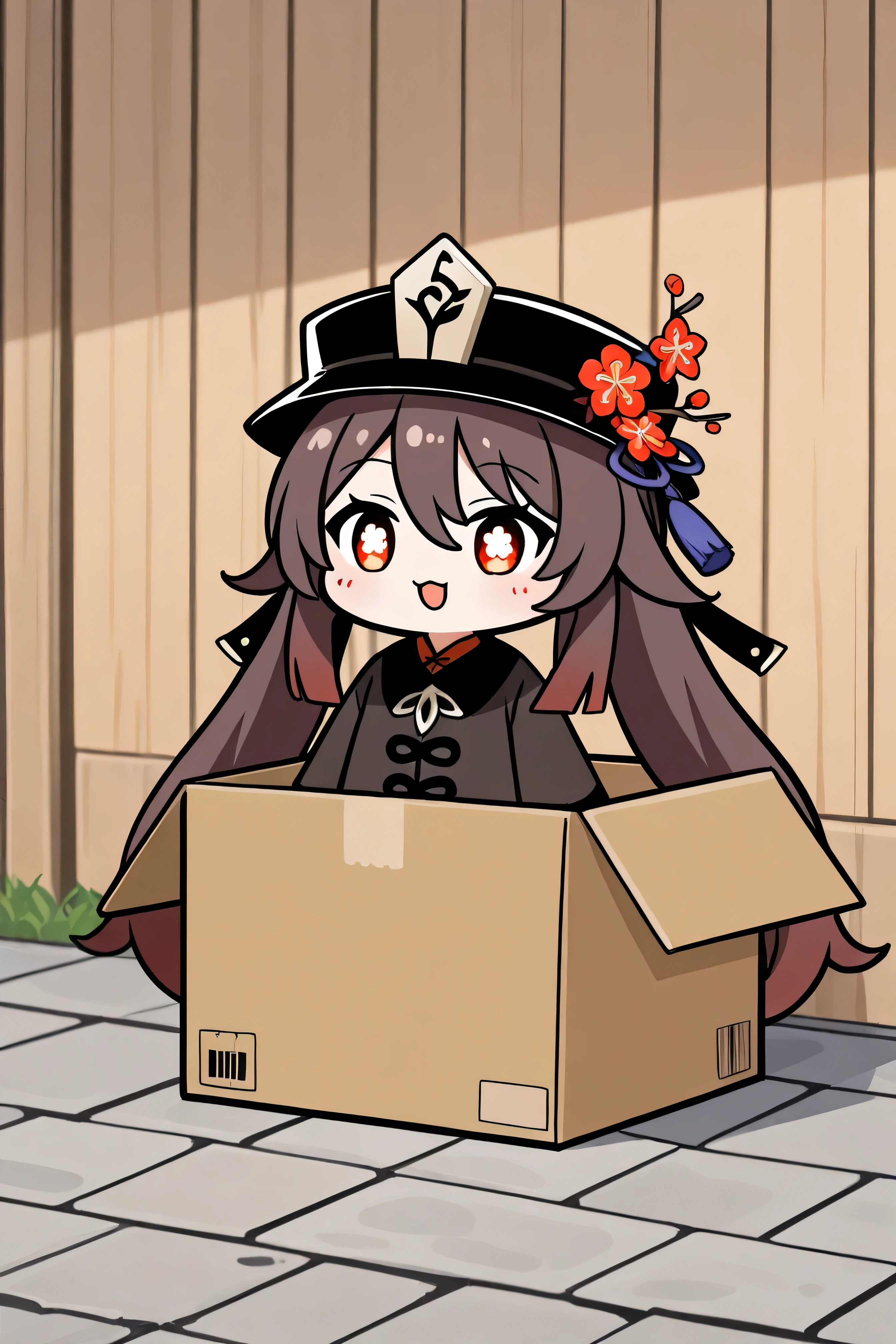 Hu Tao, in chibi style, standing alone with a calm expression. The background is soft and minimalistic, with no human interaction or objects around her. Being in a big box,outdoor background, creating a clean and simple aesthetic.