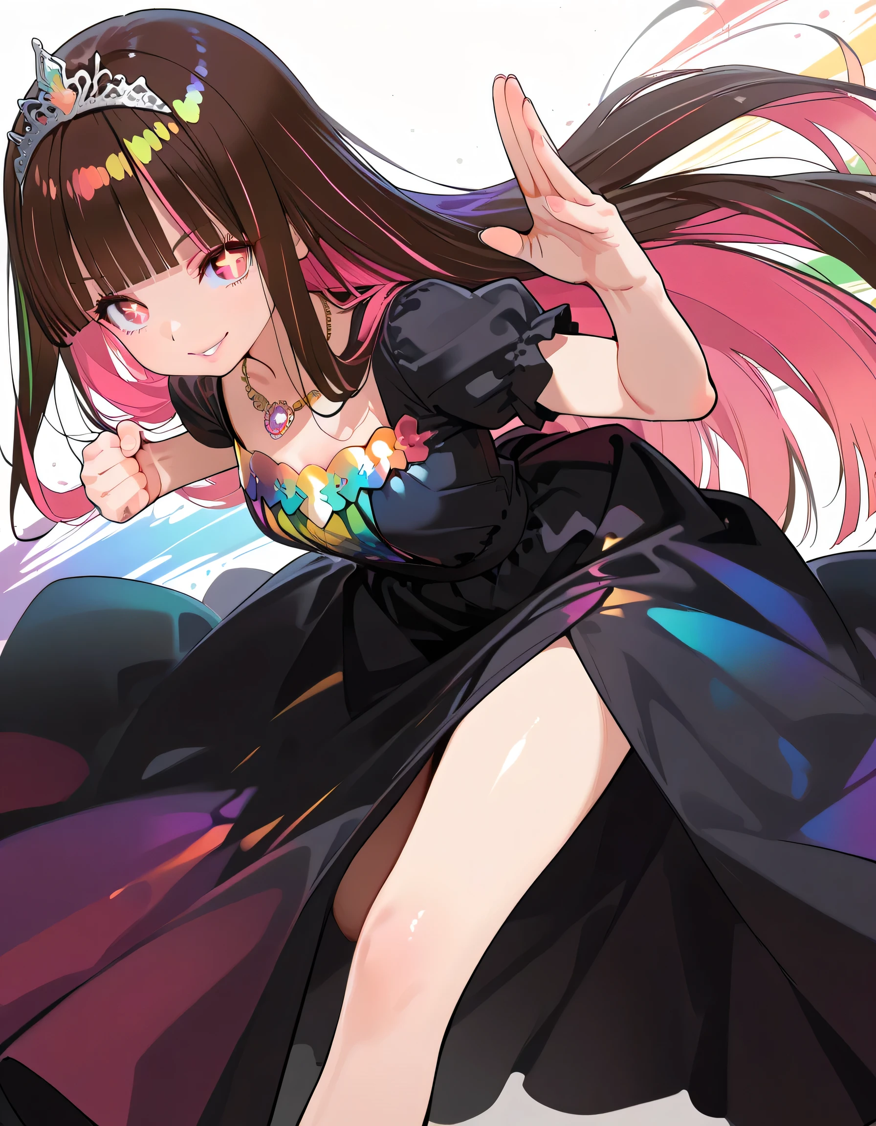 sideview,(dynamic angle,dynamic fighting stance pose),closed up face,looking at viewer:1.3,leaning forward,solo,((two-colored hair in (brown+ and pink) straight long hair))++,(blunt bangs),natural cosmetic,full lips,narrow eyes,adult female face,simple necklace,(rainbow color sexy princess shiny dress),tiara,nice legs,cute smile,soft lineart,(flat darkness color background)