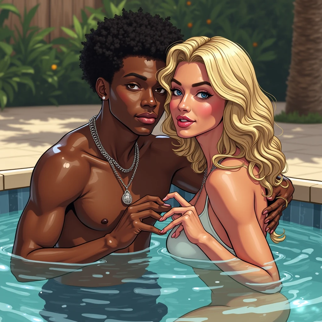 Blonde woman in black bikini and a black man sitting in the hot tub, Sophie Turner Girl, Jingna Zhang, metal bikini, Artgerm and Patrick Demarchelier, & jeehyung lee & wlop, 5 0 0 px models, maxim sukharev smiling softly drinking red wine --auto --s2