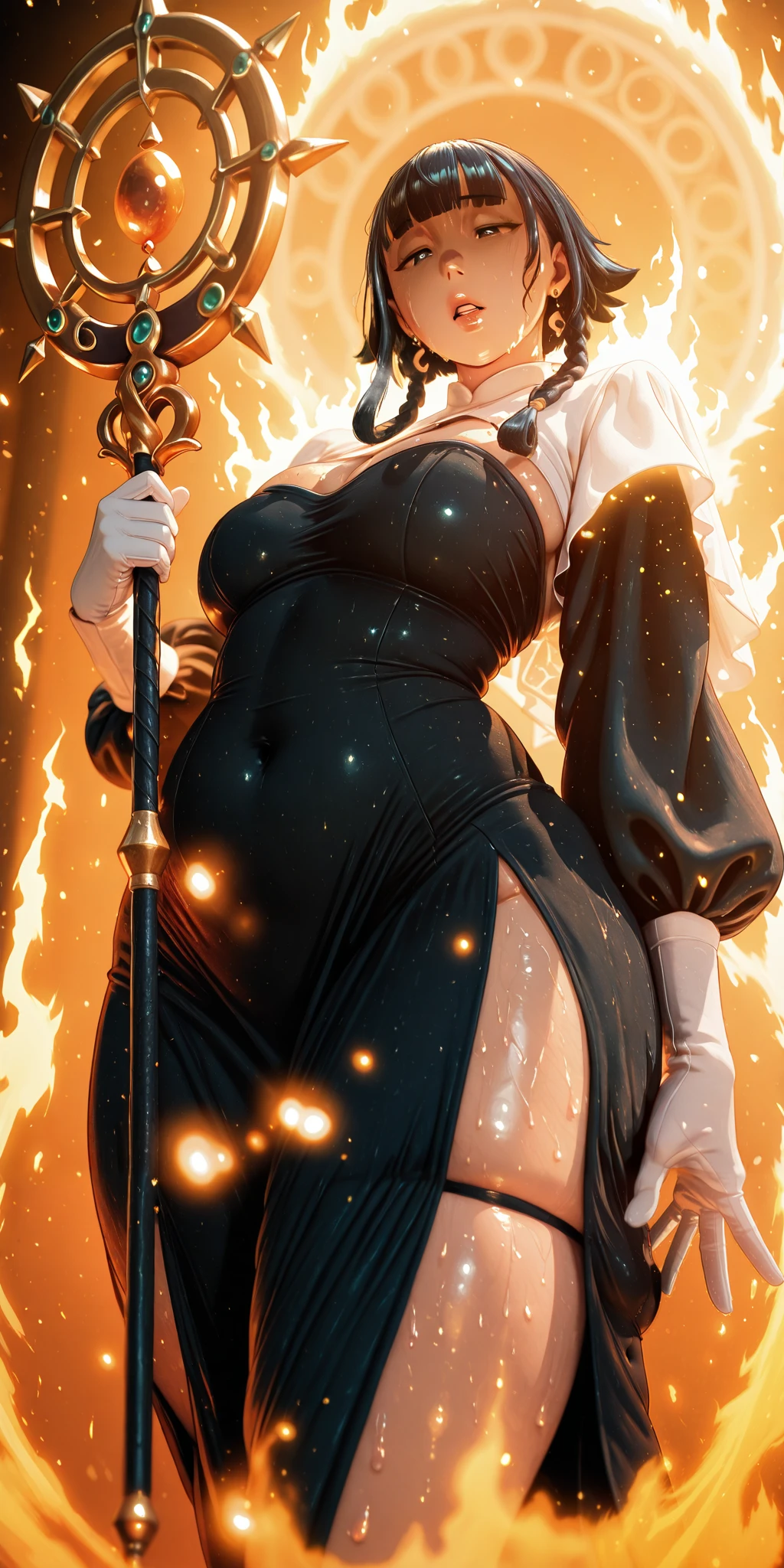 greatm8, perfect eyes, perfect fingers, gasping, heavy breathing, excessive sweating, sweating, sweating profusely, gasping profusely, cinematic, ((skindentation)), ((curvy)), black hair, short hair with long locks, black eyes, blunt bangs, hair rings, twin braids, bright pupils, plump, BREAK anime-style, anime coloring, cgi, Hand drawn, cinematic, Sharp focus, humorous illustration, big depth of field, Masterpiece, concept art, trending on artstation, Vivid colors, Simplified style, trending on ArtStation, trending on CGSociety, Intricate, Vibrant colors, Soft Shading, Simplistic Features, Sharp Angles, Playful, excessive sweating, sweating profusely, sweating drop BREAK, 1girl, solo, gloves, breasts, earrings, jewelry, white_gloves, black_hair, staff, looking_at_viewer, parted_lips, holding, dress, from_below, holding_staff, long_sleeves, puffy_sleeves, covered_navel, black_dress, ((dusty)), ((aura)), Cinematic, looking down, shaded face