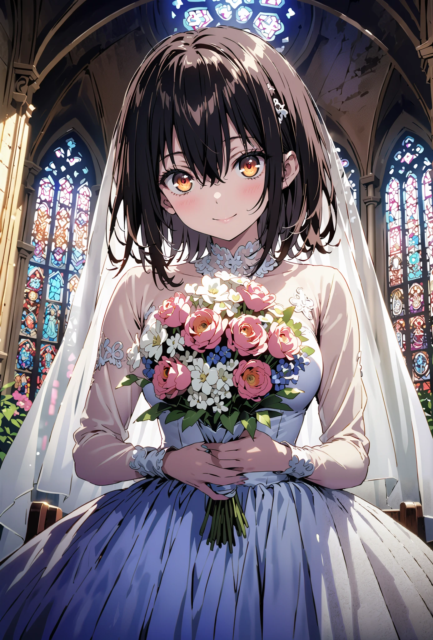 score_9, score_8_up, score_7_up, source_anime, Yukina Himeragi, short hair, black hair, brown eyes,smile,cover,close your mouth,Medium breast,Wedding Dress,wedding long skirt,holding a bouquet of flowers with both hands,bouquet,standing,stained glass,full body,がillustrationに入るように,break indoors, Chapel,church,
break looking at viewer,full body,
break (masterpiece:1.2), best quality, high resolution, Unity 8K Wallpaper , (illustration:0.8), (beautiful detailed eyes:1.6), Highly detailed faces, perfect lighting, extremely detailed CG, (perfect hand, perfect anatomy),
