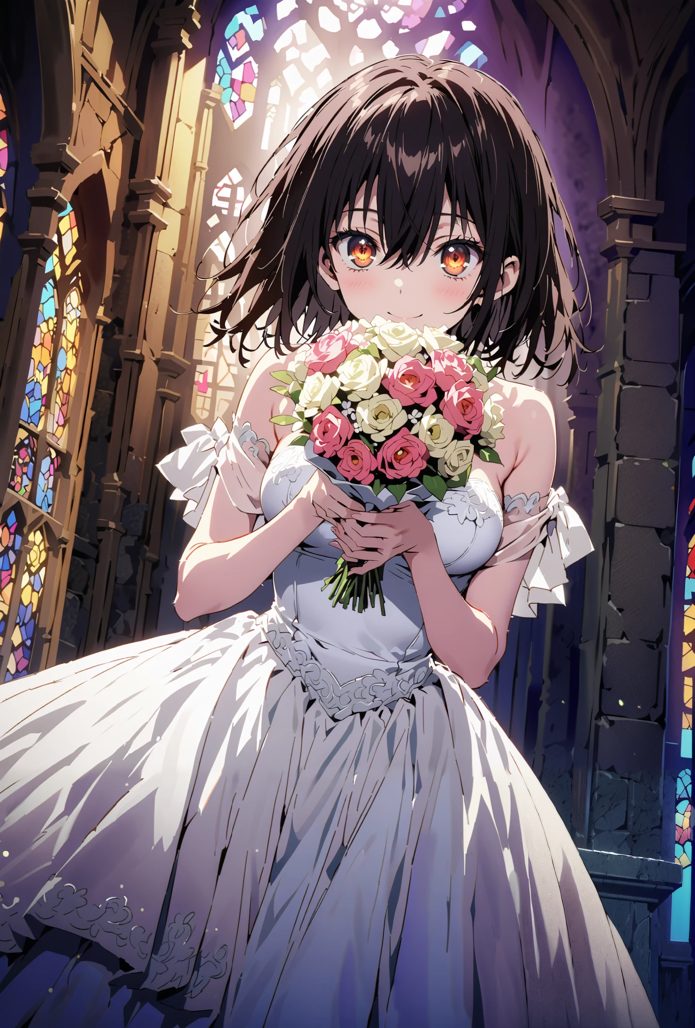 score_9, score_8_up, score_7_up, source_anime, Yukina Himeragi, short hair, black hair, brown eyes,smile,cover,close your mouth,Medium breast,Wedding Dress,wedding long skirt,holding a bouquet of flowers with both hands,bouquet,standing,stained glass,full body,がillustrationに入るように,break indoors, Chapel,church,
break looking at viewer,full body,
break (masterpiece:1.2), best quality, high resolution, Unity 8K Wallpaper , (illustration:0.8), (beautiful detailed eyes:1.6), Highly detailed faces, perfect lighting, extremely detailed CG, (perfect hand, perfect anatomy),