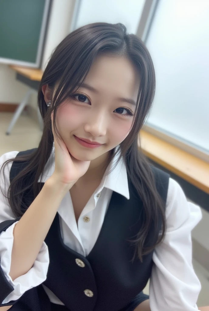 (masterpiece, best quality:1.2), a hyperrealistic schoolgirl, solo, 1girl, yukinoshita yukino, (shiny skin, wet skin:1.2), sweating, slight smile, looking at viewer, on all fours, school uniform, white shirt, plaid skirt, thighhighs, afternoon, classroom hyperrealistic schoolgirl