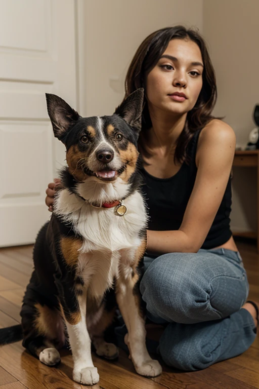 ((best quality)), ((masterpiece)), (detailed), perfect face, (((a dominant woman feeding her dog))), ((black clothes)), full body, detailed eyes