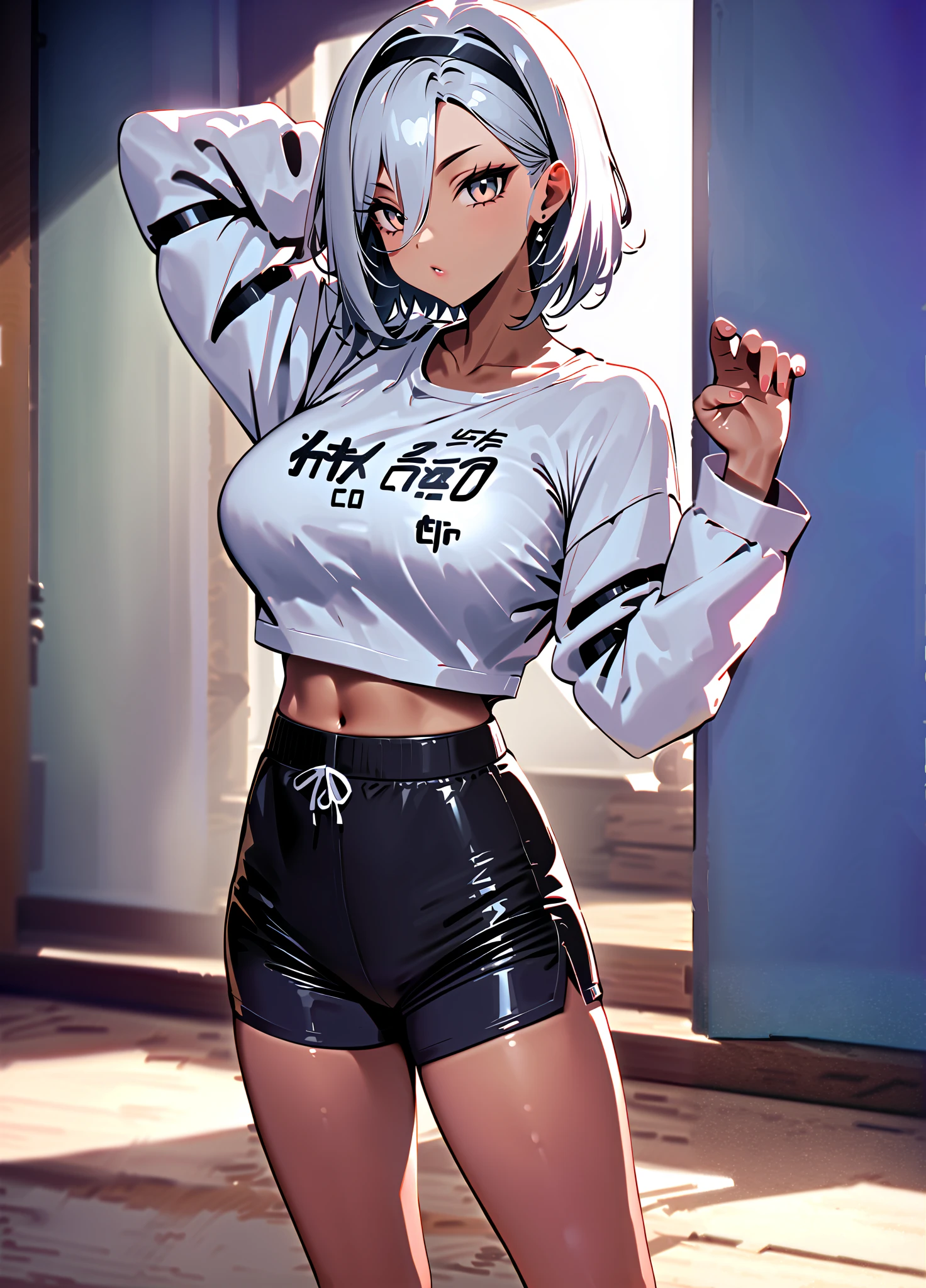 score_9, score_8_up, score_7_up, 1 girl, solo, masterpiece, best quality, zzBea, grey eyes, grey hair, short hair, hair between eyes, black hairband, dark skin, crop top, print shirt, bodysuit, shorts, single glove, barefoot, standing, looking at viewer, karate dojo, tatami, karate pose