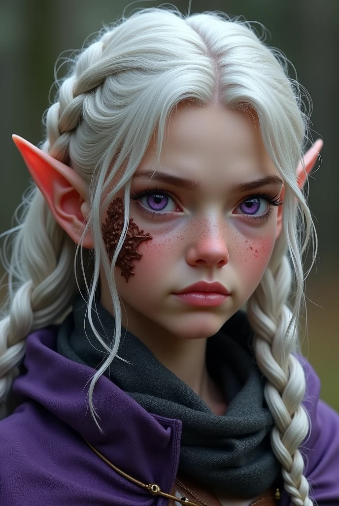 A female halfling whose braided hair is white and black. She is wearing dark leather armor with a black cloak. Her eyes are brown. She has a few freckles across her nose. She is an older woman. There is a little dirt on her cheek and forehead. Her ears are small and rounded.