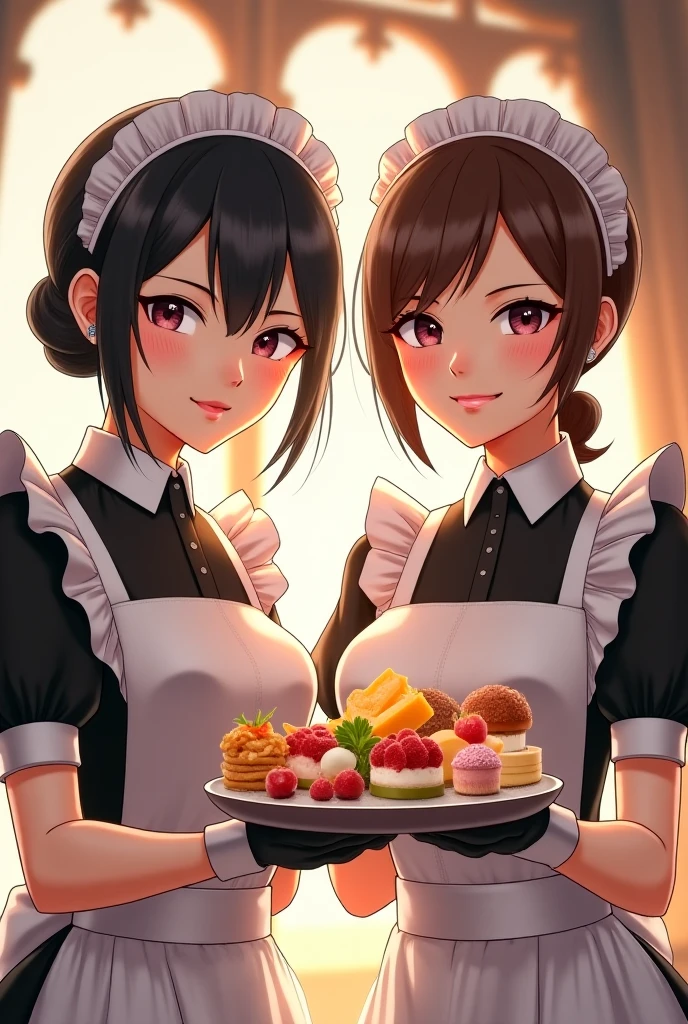 highest quality、High resolution、detailed background、Beautiful and dense face、beautiful and smooth skin、skin texture、cute10代の美少女、(huge breasts:1.3)、(realistic:1.3)、perfect body line、black hair braided ponytail、Calm atmosphere、
happy look、laughter、smile、sexual expression、Tea time at the cafe、(Two women enjoy cake and sweets while chatting in a cute cafe:1.5)、
Maid uniforms generally feature a dress or dress-like design.、(emphasize the chest服、胸のemphasize cleavage服、revealing clothing)、The voluminous skirt and cinched waist highlight the femininity and cuteness.、Frills and lace are often used、The collar has frills and lace.、, cuffs, and the hem of the skirt, Gives a soft impression.、
What is an apron?、It is the cloth that covers the body from the waist down, symbolizing the work of a maid.。.、pink, green, red, Check Pattern, heart pattern、Cute accessories such as ribbons, The headdress and apron are decorated with roses.、emphasize the chest、emphasize cleavage、cute