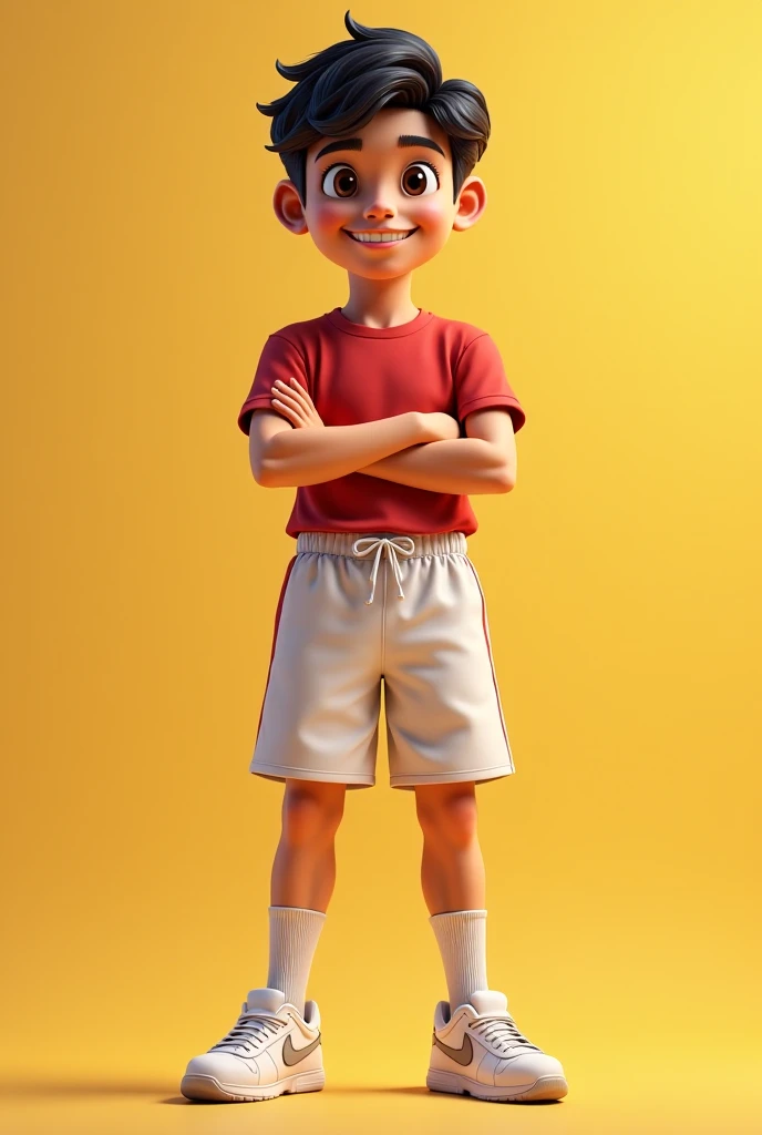 a little boy of seven years old, brown skin, rosy cheeks and chubby, only 4 teeth in the jaw, smiling brightly, wearing white shirt and blue pants, fashionable tennis ( slim body intact)