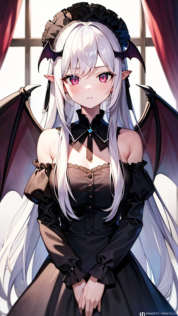 masterpiece, high quality, 4K, HDR, A battle-ready demon with a disgruntled expression, open mouth revealing sharp, jagged fangs, narrowed eyes, and crimson irises. Pale skin, silver hair with neatly trimmed bangs in an intake hairstyle, long locks. A black halo hovers above the head, with a pair of large, spread black wings and pointed ears. Dressed in a gothic style. ,a pretty woman,longhair,garter belt,long sleeve,red eyes,blue eyes,odd eyes,light,my ,original character,angel,fantasy,foreshortening,dragon,magic,sword,night,moon,starry sky