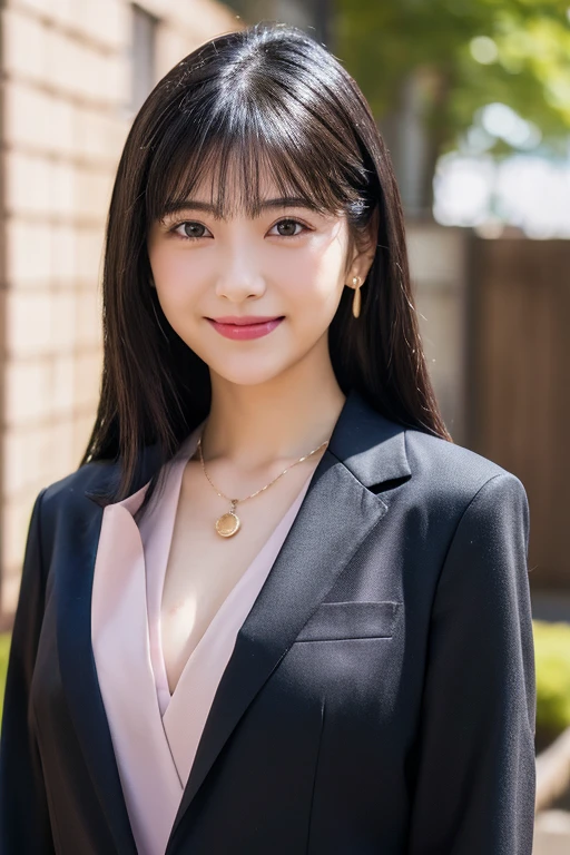 Best-quality, Masterpiece, Ultra-High-Resolution, (Photorealistic:1.4), Raw-Photo, 1girl, the most famous Japanese idol, wearing business-suit, extremely cute face like the most popular Japanese idol, extremely beautiful big-black-eyes, extremely beautiful gorgeous-hairstyle, extremely beautiful skins, looking at viewer, innocent-smile, dynamic-pose, detailed business-suit
