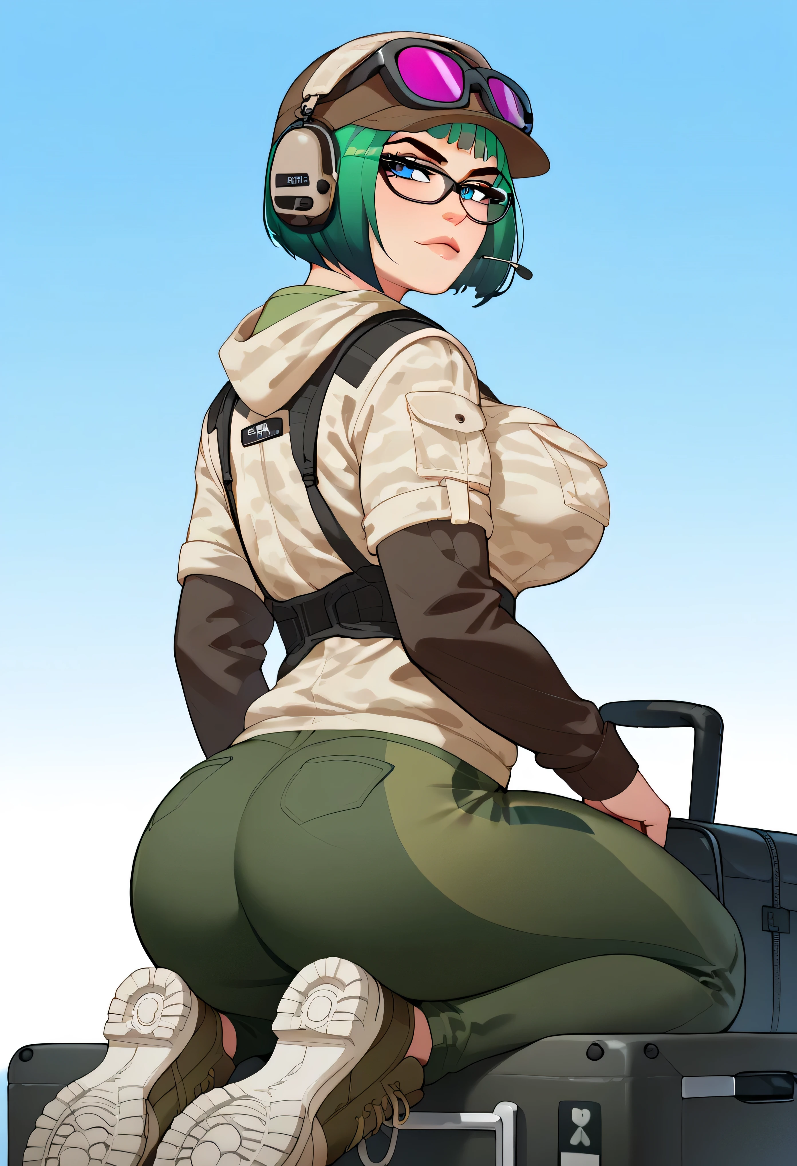 result_9, result_8_higher, one girl shirt, feminine, Alone, result_9, result_8_higher, result_7_higher, result_6_higher, result_5_higher, result_4_higher, break , one girl shirt, Alone, Big Breasts, breasts, _(Rainbow_six_siege), masterpiece, best quality, one girl shirt, Alone, disguising, butt, blue eyes, glasses, Green hair, has , suitcase ظهر, short hair, looks back, Headphone, suitcase, looks at the viewer, sungl buttes, glasses on head, disguising pants, Military, Sitting, lip, shoes, glasses ملونة, hip opening, glasses على الرأس, uniform , The mosque