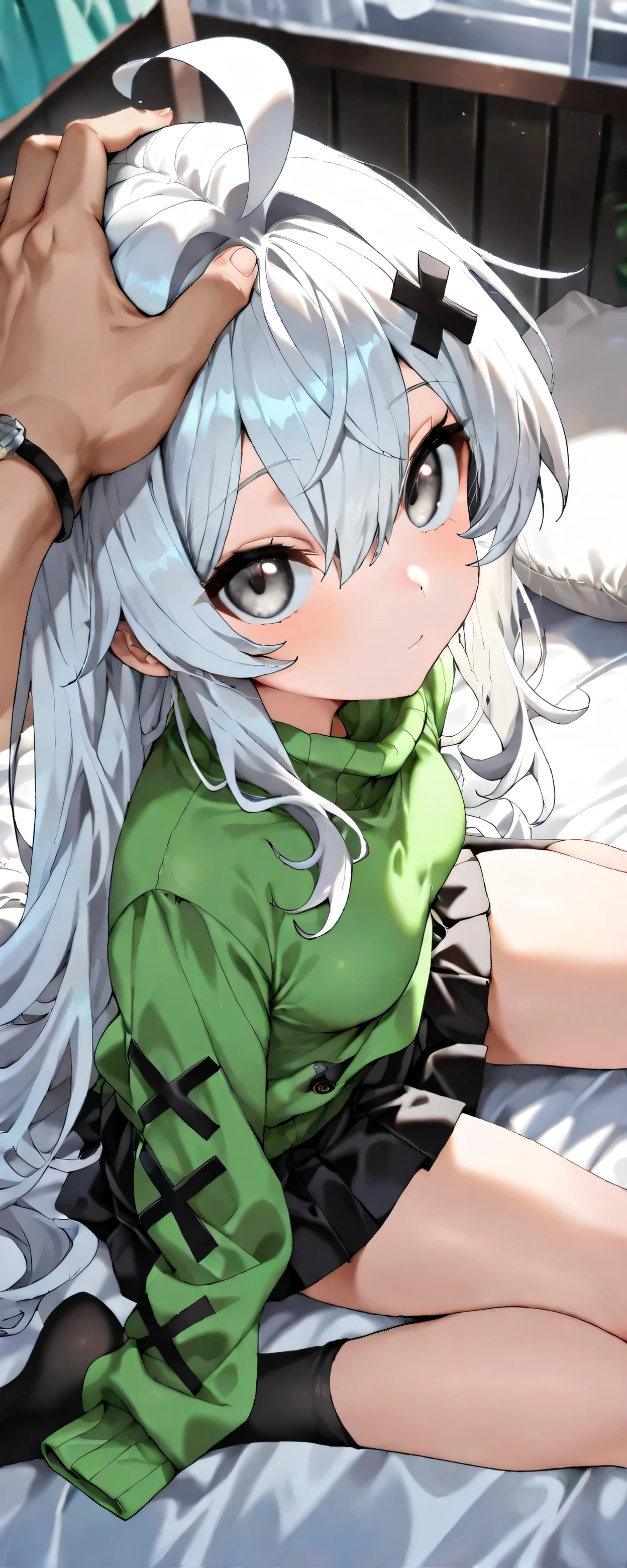 (best quality:1.3), (masterpiece:1.3), (dynamic angle:1.2), (ultra-detailed:1.3), absurdres, 1girl, white hair, flat_breasts, young, short, long_hair, gray_eyes, (no._21_\(pgr\):1.4), long_sleeves, skirt, looking_at_viewer, green_sweater, black_skirt, pleated_skirt, indoors, hands_up, x_shaped_ornament, bangs, ahoge, hair_between_eyes, sleeves_past_wrist, sleeves_past_fingers, black_socks, asymmetrical_footwear, sitting, wariza, pillows, no_shoes, plush, pov, pov_hands, headpat, looking_up