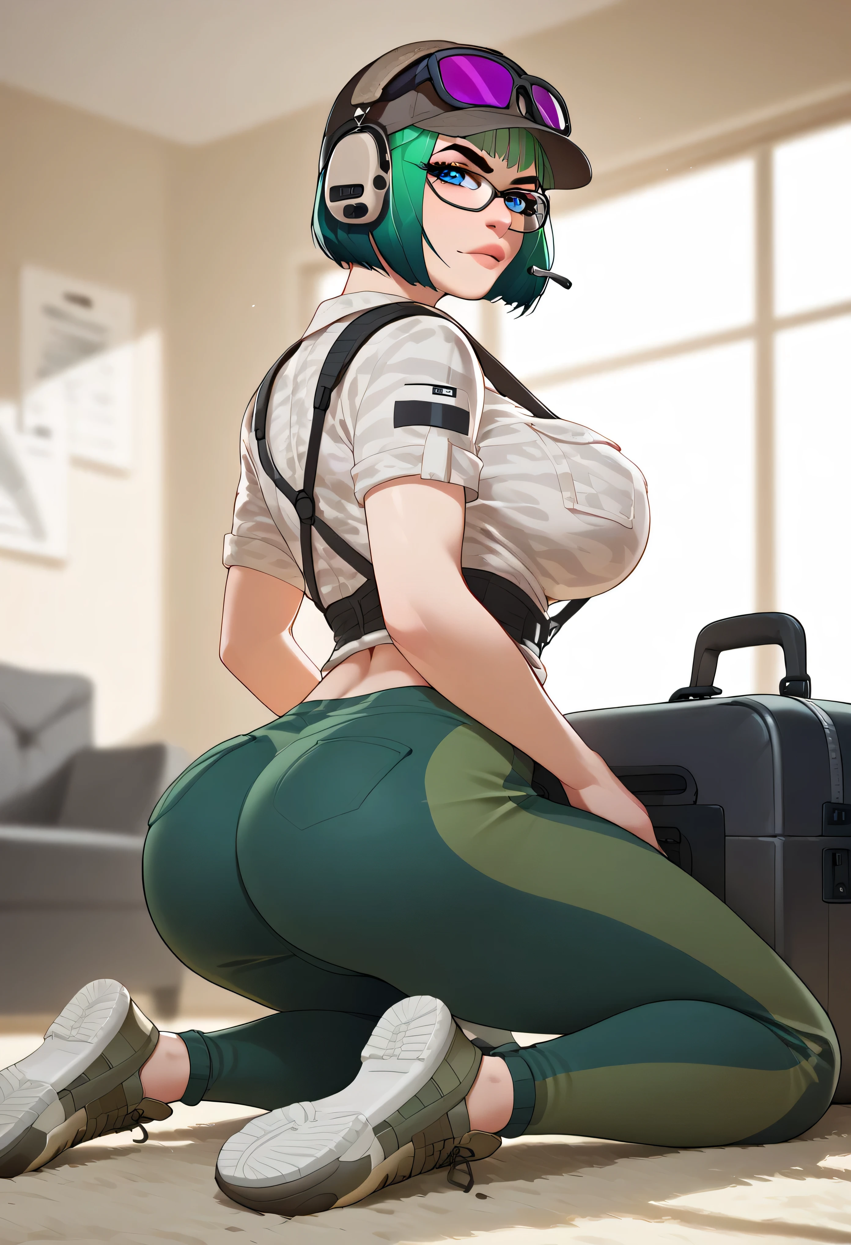  result_9,  result_8_higher, one girl shirt, feminine, Alone,  result_9,  result_8_higher,  result_7_higher,  result_6_higher,  result_5_higher,  result_4_higher,  break , one girl shirt, Alone, Big Breasts, breasts, _(Rainbow_six_siege), masterpiece, best quality, one girl shirt, Alone, disguising,  butt, blue eyes, glasses, Green hair,  has , suitcase ظهر, short hair, looks back, Headphone, suitcase, looks at the viewer, sungl buttes, glasses on head, disguising pants, Military, Sitting, lip, shoes, glasses ملونة, hip opening, glasses على الرأس,  uniform , The mosque
