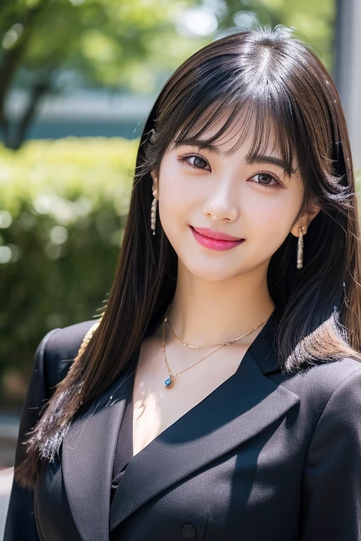 Ultra-high resolution, Superior Quality, highest quality, Very detailed, Realistic, 8k, RAW Photos, highest quality, masterpiece, Attractive girl, Awesome girl, Black Hair、Wavy Hair、 hairstyle semi long、Mesh Hair, Japanese Idols, Ear piercing、stylish, blouse,smile、Beautiful teeth alignment、