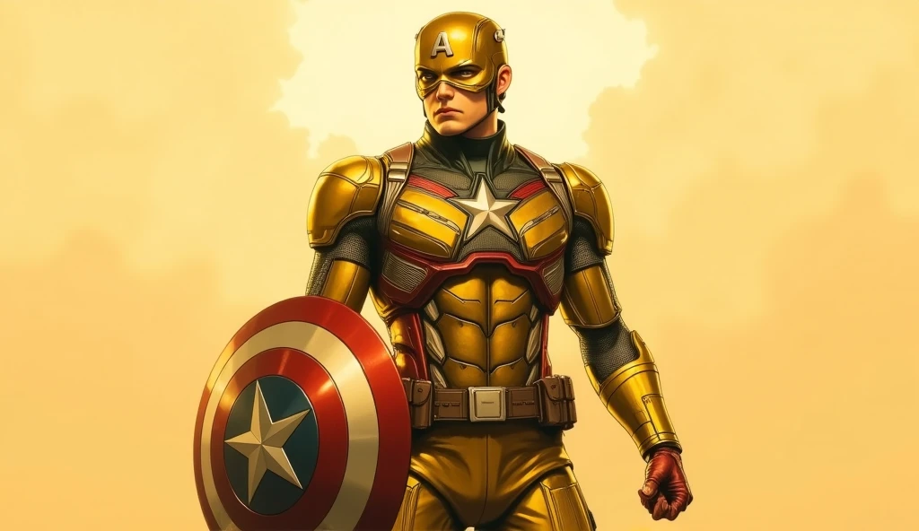 Muscular Captain America in gold suit . destroyed city background . Comic style image