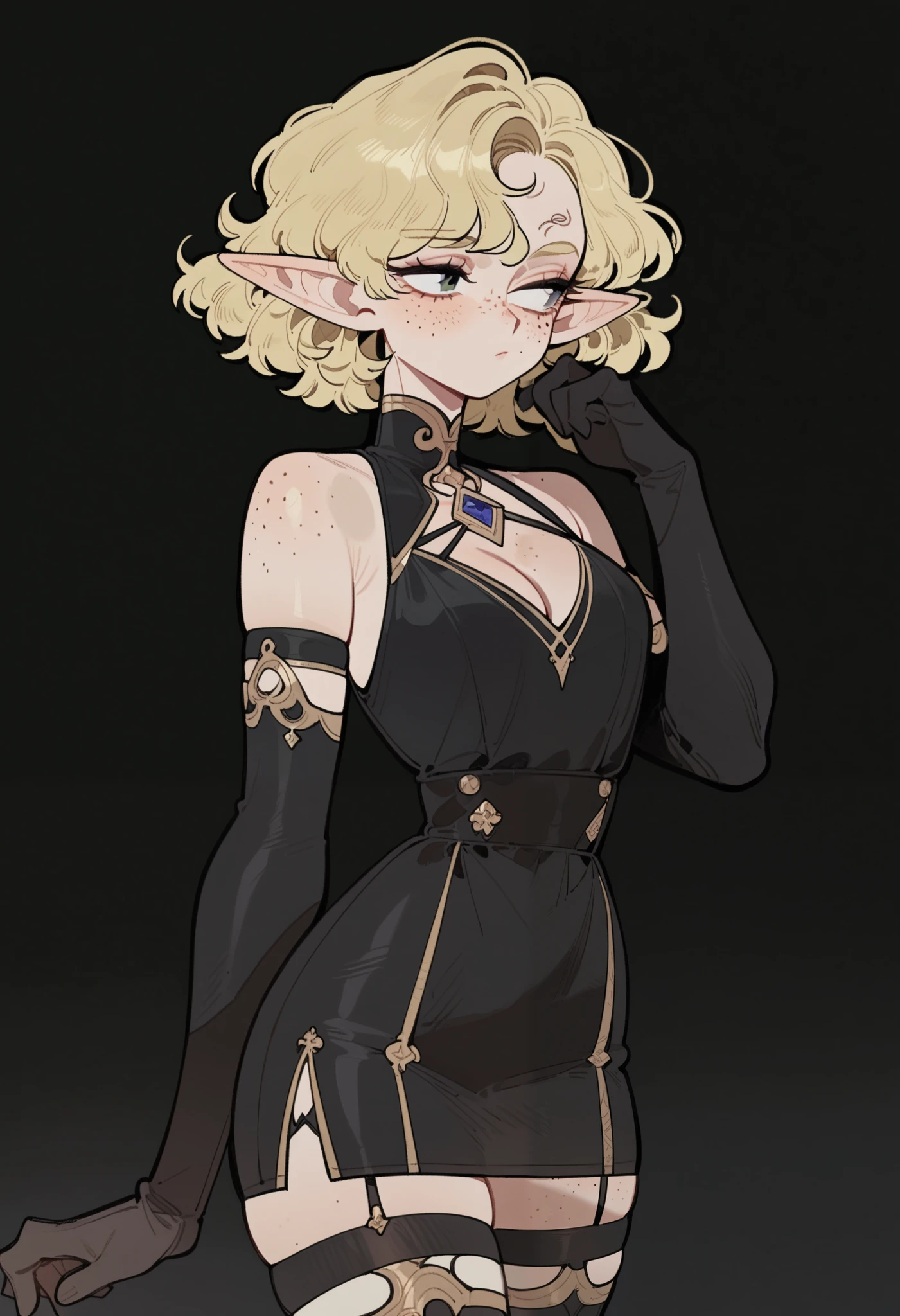 c4nv4sStyl3_v1, didi_v1, Vintage_v1 ,  1girl , solo , thighhighs , gloves , dress , elbow gloves , short hair , breasts , simple background , black background , bare shoulders , freckles , cleavage , blush , pointy ears , black dress , black gloves , cowboy shot , body freckles , standing , hand up , closed mouth , black thighhighs , blonde hair , medium breasts