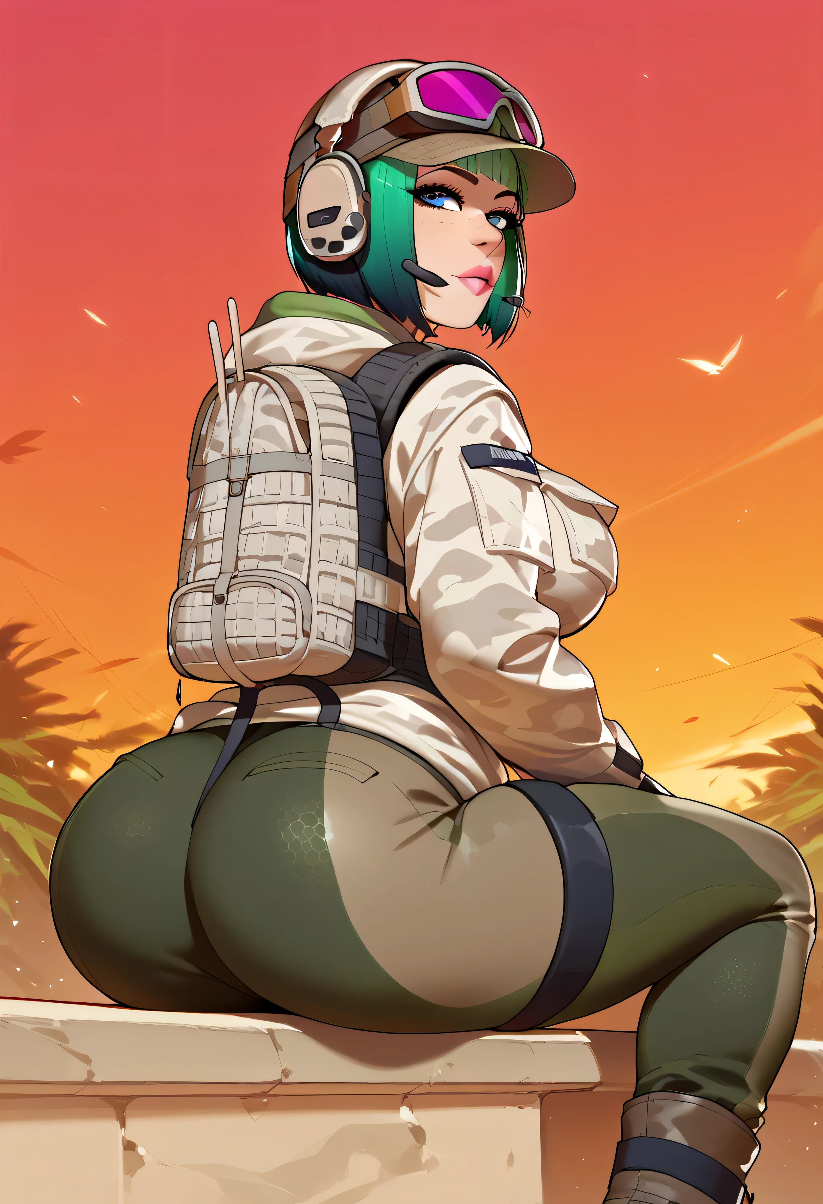  result_9,  result_8_higher, one girl shirt, feminine, Alone,  result_9,  result_8_higher,  result_7_higher,  result_6_higher,  result_5_higher,  result_4_higher,  break , one girl shirt, Alone, Big Breasts, breasts, _(Rainbow_six_siege), masterpiece, is the best quality, one girl shirt, Alone, disguising,  butt, blue eyes, glasses, Green hair,  has , suitcase ظهر, short hair, looks back, Headphone, suitcase, looks at the viewer, sungl buttes, glasses on head, disguising pants, Military, Sitting, lip, shoes, glasses ملونة, hip opening, glasses على الرأس,  uniform ,  outside 
