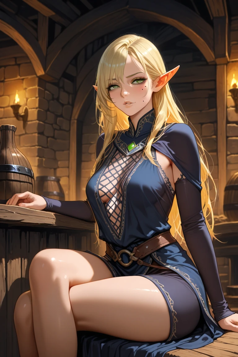 (Hayao Miyazaki illustration style:1.2), (sexy woman), (small elf:1.1), (blonde hair), (braided long hair:1.1), sitting in dark tavern, (exhausted:1.2), (shy:1.1), (detailed clothes), (simple slave outfit:1.2), (detailed body), (round breasts), (bubble butt), (wide hips:1.1), (slim waist:1.1), (thick thighs:1.1), (detailed face and eyes:1.2), (detailed hair), (slave collar:1.1), (dripping wet skin:1.1), (blush:1.1), (detailc background), (perfect nails), (detailed hand and finger:1.2), (medium breasts:1.2), (busty), (deep cleavage:1.2), (labia outline:1.3), (hard teat:1.3).