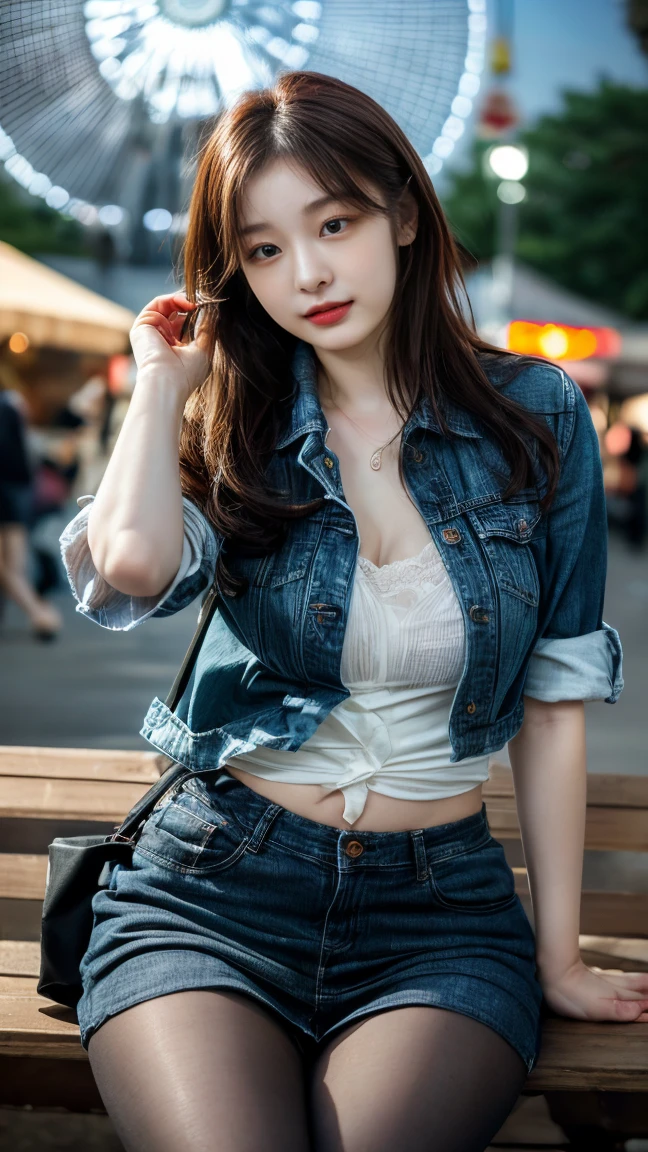 Photo realistic, High resolution, detailed background, detailed beautiful skin, detailed nose, soft lighting, (solo shot:1.23), (upper body:1.1), closed shot, (breast focused:1.3), looking at viewer, (((nice hand, perfect hand))), clear eyes,// japanese lady,cleavage, pale skin, mega breasts, 20 year old, //bob cut, (((wearing denim jacket setup))) ,//street snap, ((facing viewer)), at the street, ((standing)),