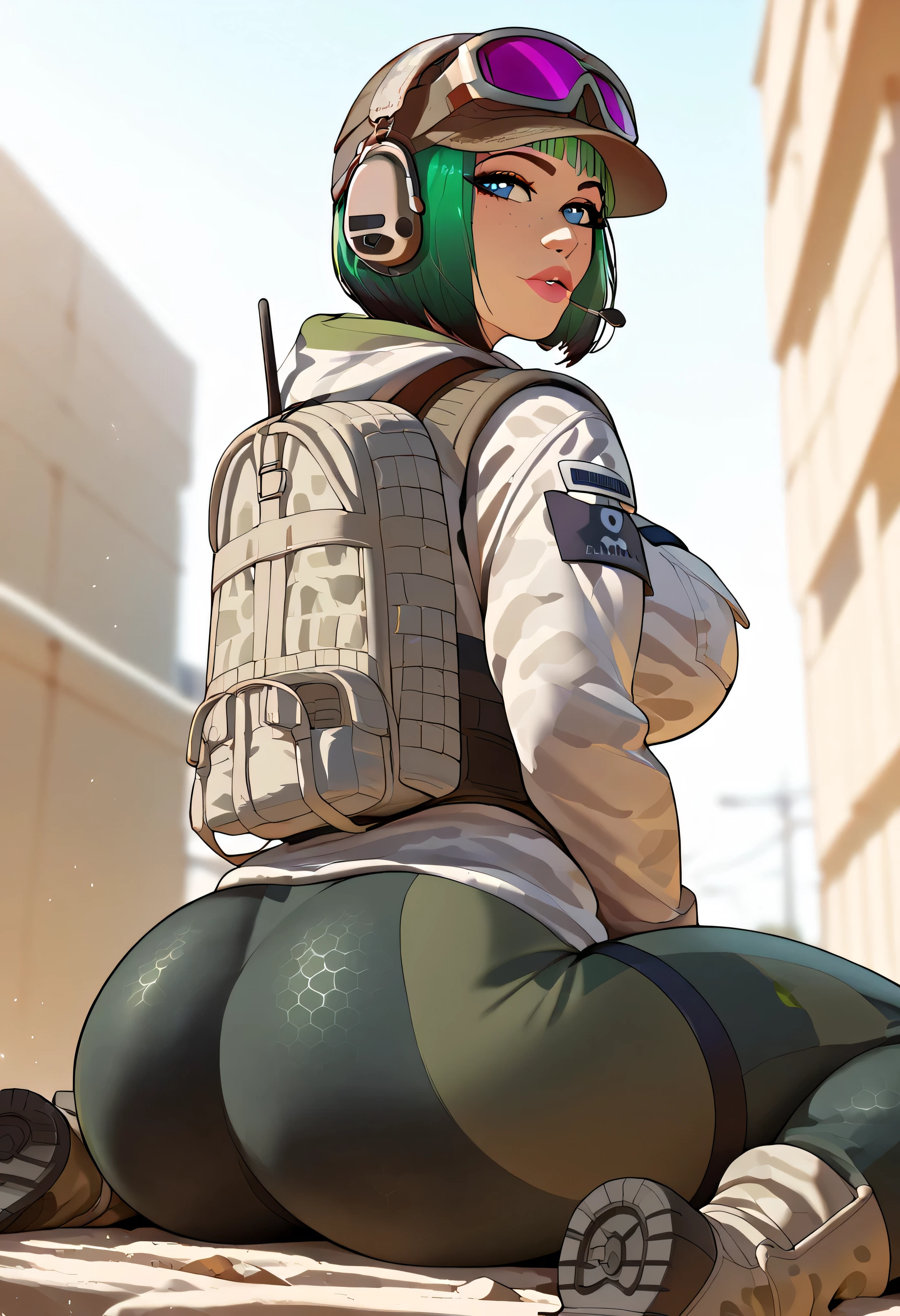 result_9, result_8_higher, one girl shirt, feminine, Alone, result_9, result_8_higher, result_7_higher, result_6_higher, result_5_higher, result_4_higher, break , one girl shirt, Alone, Big Breasts, breasts, _(Rainbow_six_siege), masterpiece, is the best quality, one girl shirt, Alone, disguising, butt, blue eyes, glasses, Green hair, has , suitcase ظهر, short hair, looks back, Headphone, suitcase, looks at the viewer, sungl buttes, glasses on head, disguising pants, Military, Sitting, lip, shoes, glasses ملونة, hip opening, glasses على الرأس, uniform , outside