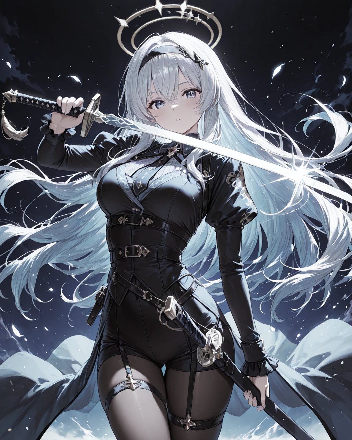 a drawing of a woman with a sword and a black top, tifa lockhart with white hair, cyborg - girl with silver hair, nier autoamata, female anime character, female action anime girl, nier inspired, anime character art, anime woman fullbody art, nier : automata inspired, nier, nier:automata inspired, anime character, detailed anime character art