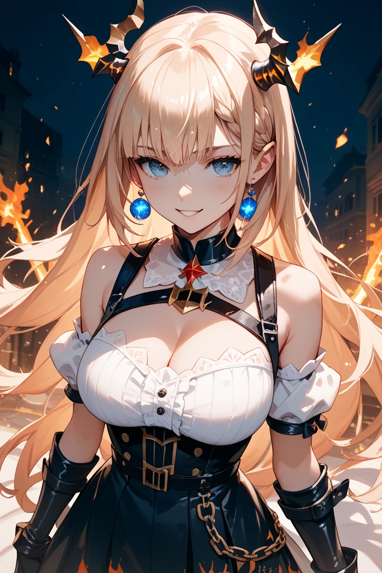 top-quality、Top image quality、​masterpiece、girl with((20yr old、Best Bust、big bast、Bust 85,Red eyes to issue、Breasts wide open,Valley、Blonde long hair、A slender、Large valleys、Slouching posture、Blue suit with an open chest、Red short skirt、)）hiquality、Beautiful Art、Background with((Lunar surface)),Depth((cracked earth))masutepiece、visualart、depth of fields、