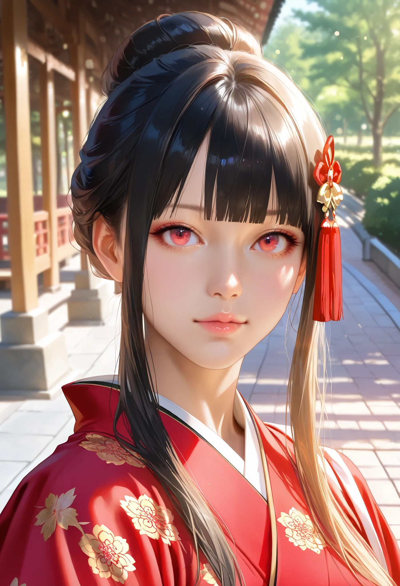bright look、photorealism、highest quality、Super high resolution、picture extraordinary beautiful girl cute and beautiful face details、、beautiful bangs shining white skin
TKNKZMI, (best quality,highres:1.2), (realistic:1.37), HDR,UHD,studio lighting,extremely detailed,professional,vivid colors,bokeh, portraits,warm toned lighting beautiful woman face, beautiful light red eyes, black hair, blunt bangs, eye shadow, sidelocks, hair ornament, hair bun, golden detailed red kimono golden embroidery, Amazing Photo, Japanese park, walkway, beautiful park, Beautiful detailed photo, Amazing body,