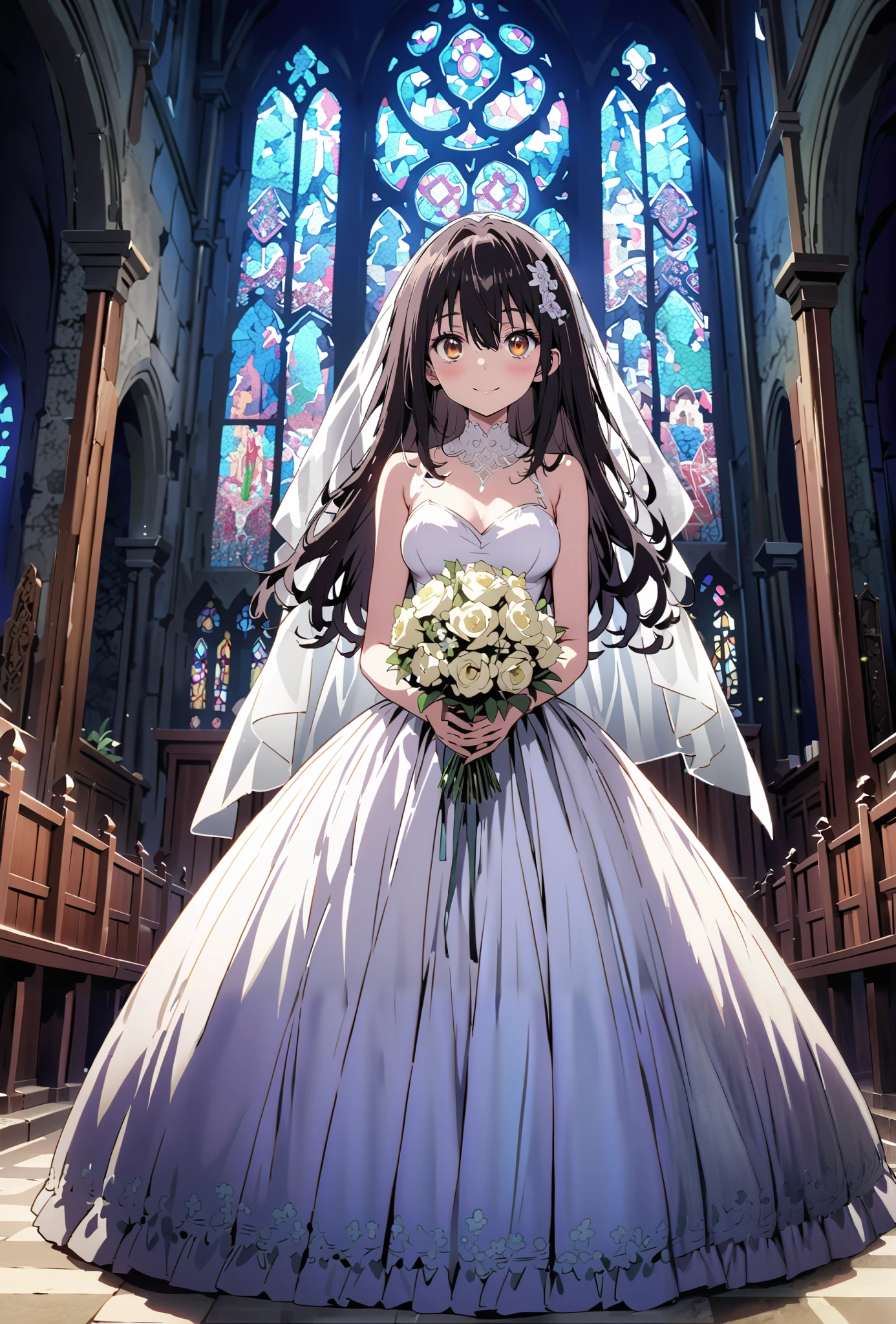 score_9, score_8_up, score_7_up, source_anime, Yukina Himeragi, long hair,, black hair, brown eyes,smile,cover,close your mouth,Medium breast,Wedding Dress,wedding long skirt,holding a bouquet of flowers with both hands,bouquet,standing,stained glass,full body,がillustrationに入るように,break indoors, Chapel,church,
break looking at viewer,full body,
break (masterpiece:1.2), best quality, high resolution, Unity 8K Wallpaper , (illustration:0.8), (beautiful detailed eyes:1.6), Highly detailed faces, perfect lighting, extremely detailed CG, (perfect hand, perfect anatomy),